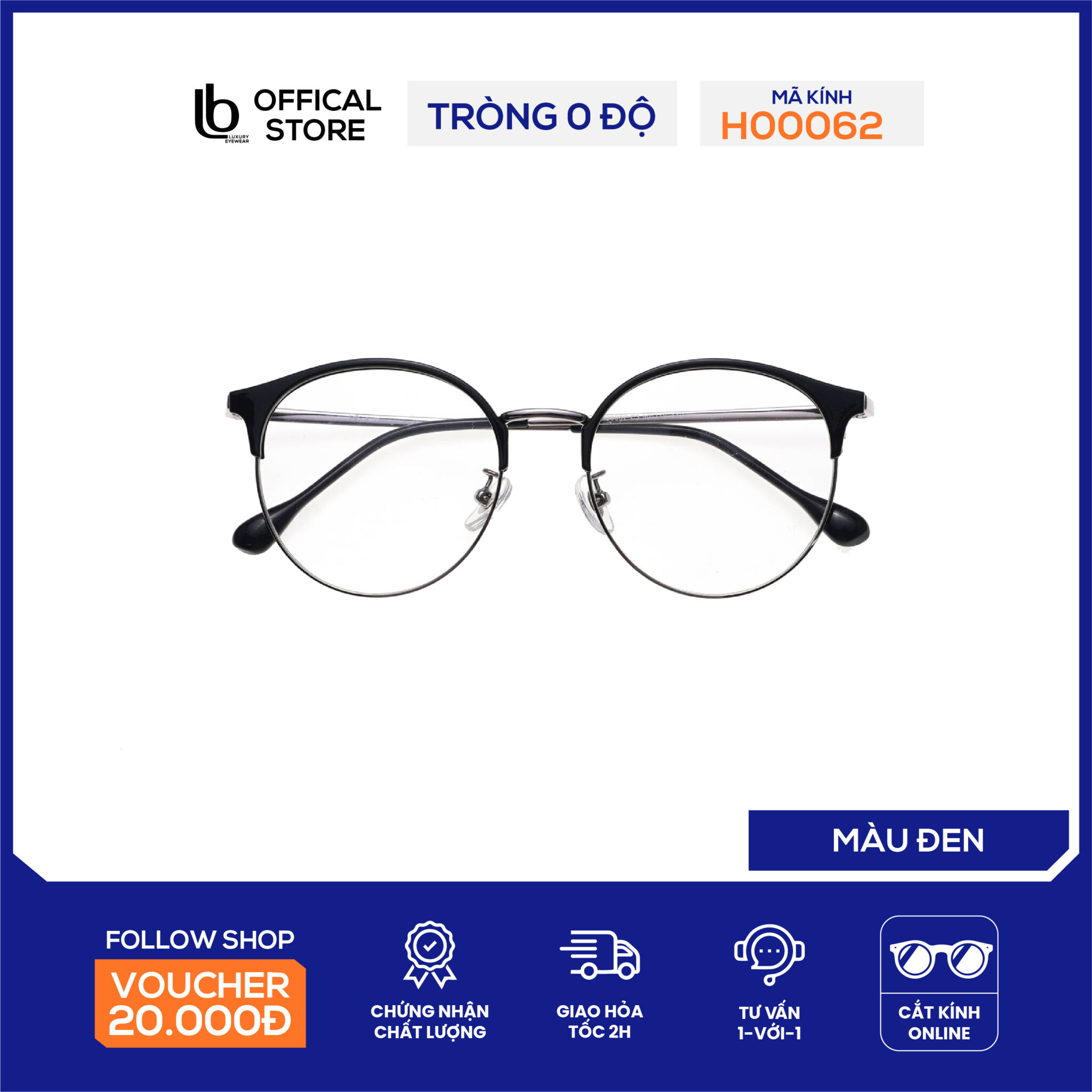 Kính gọng tròn LB Eyewear H00062 kính kim loại thời trang nam nữ, chống tia UV có thể lắp tròng cận, loạn, đổi màu