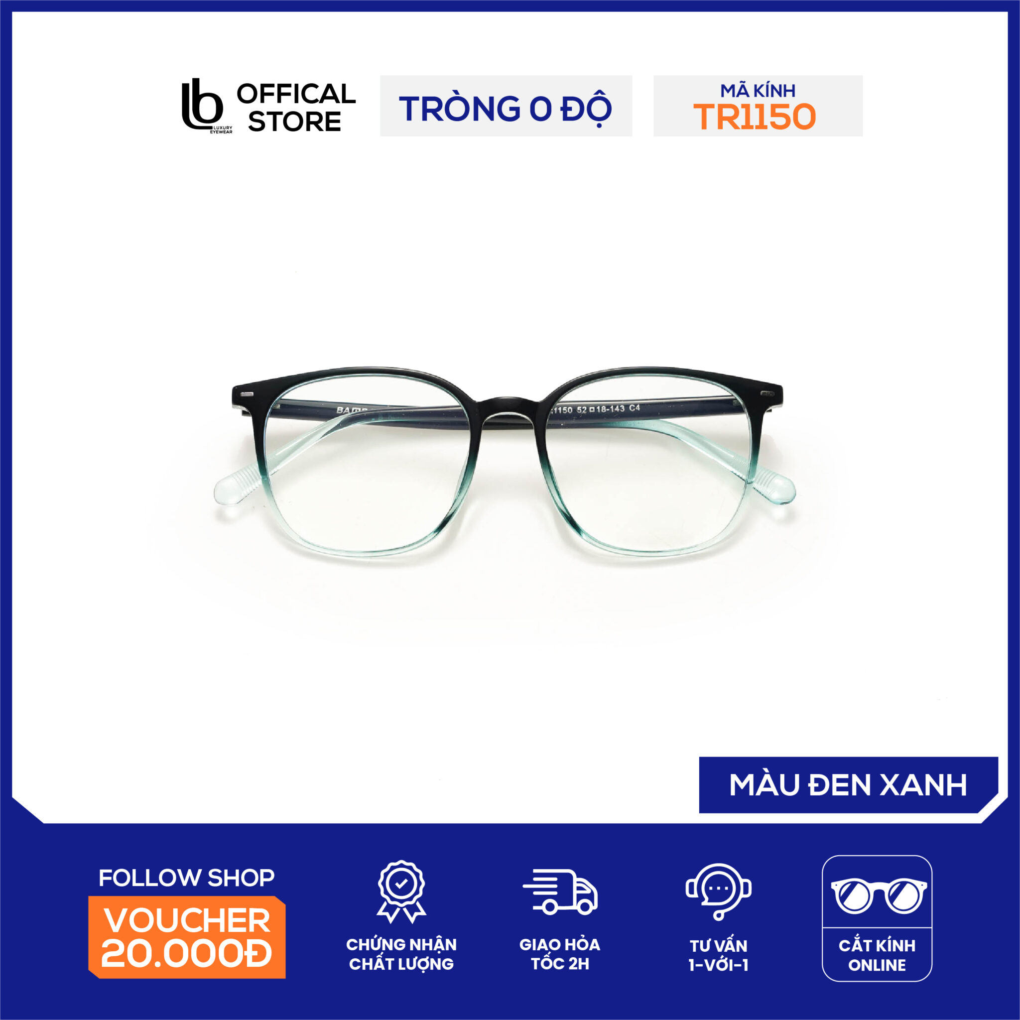 Gọng vuông tròn LB Eyewear 1150 mắt kính thời trang nam nữ, giả cận có thể lắp tròng cận loạn