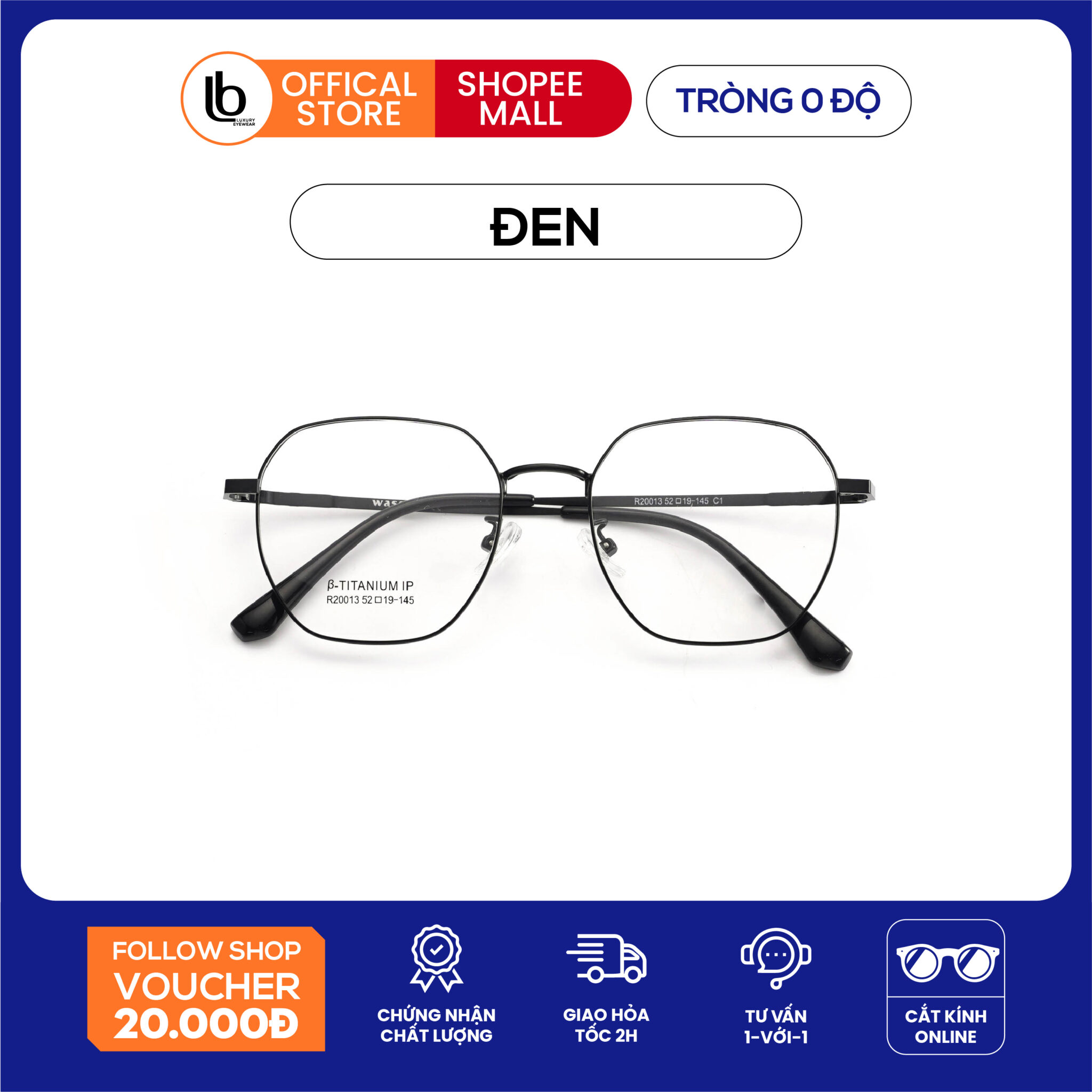 Kính đa giác LB Eyewear 20013 kính gọng kim loại giả cận nam nữ thời trang, chống tia UV phù họp mặt nhỏ