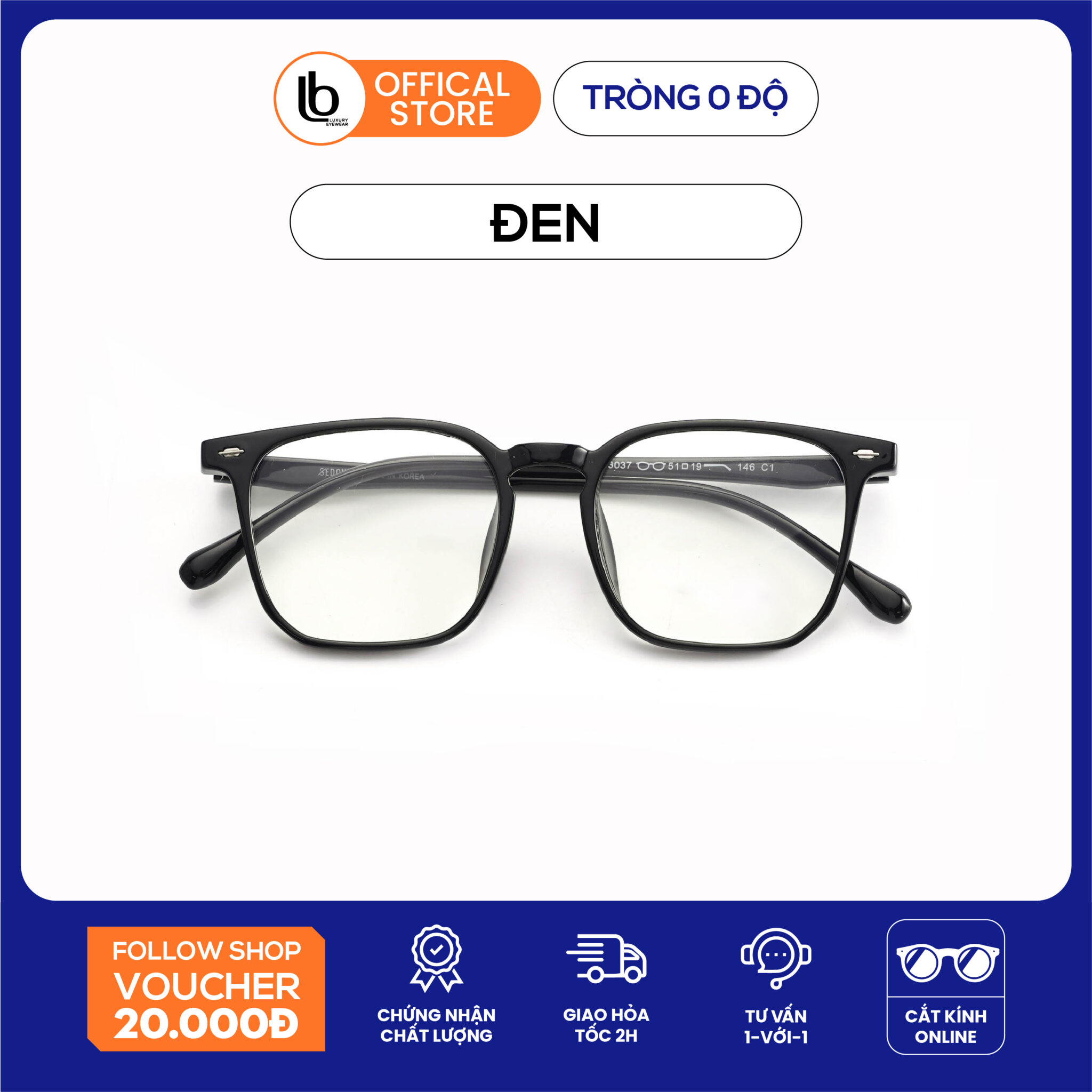 Kính vuông LB Eyewaer 23037 gọng kính nhựa chống tia UV thời trang nam nữ phù hợp khuôn mặt tròn, oval