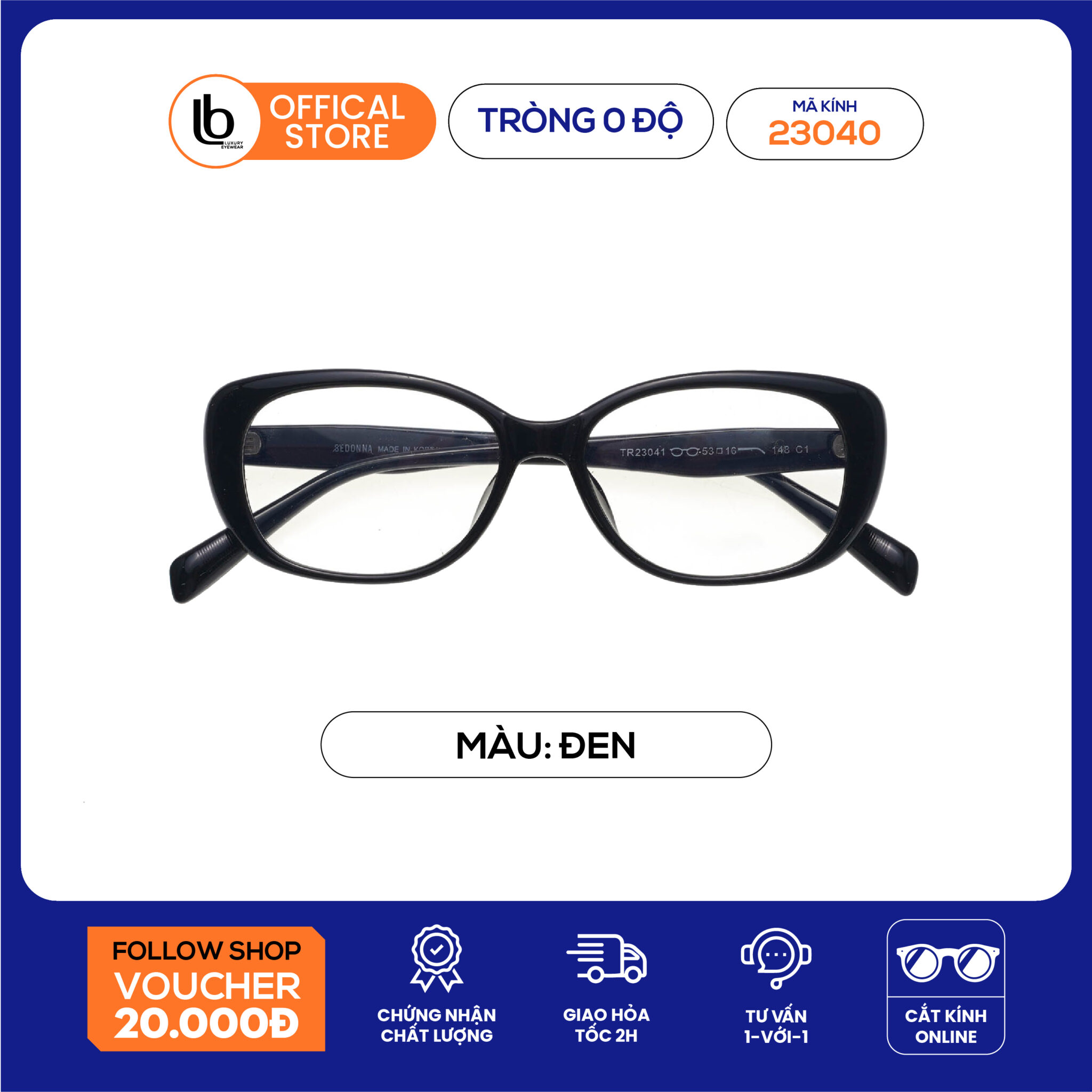 Gọng kính mắt mèo LB Eyewear 23041 kính giả cận nam nữ thời trang chất liệu nhựa, bảo vệ mắt form ôm tôn dáng mặt