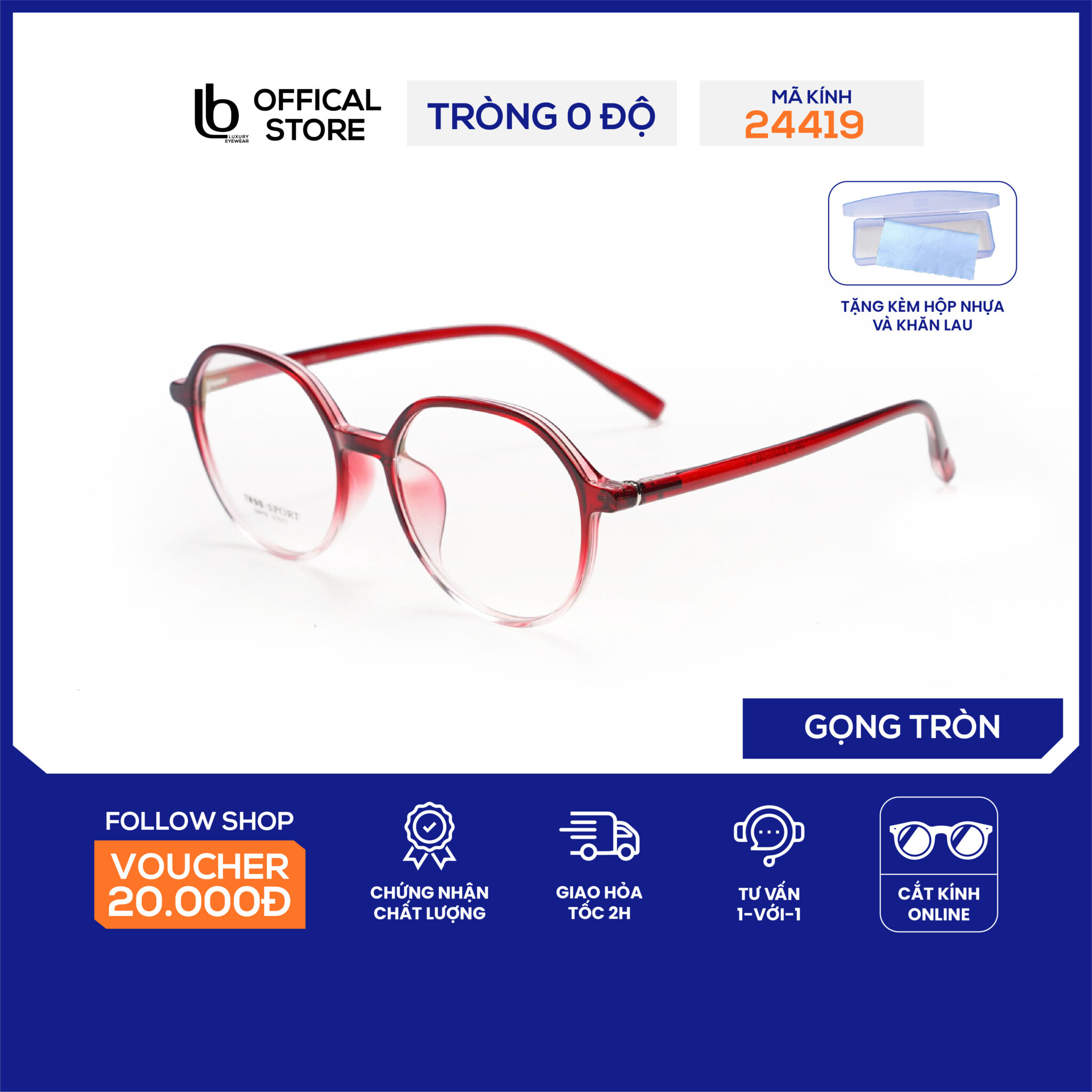 Gọng kính tròn LB Eyewear 24419 kính mắt nữ thời trang, chất liệu nhựa cao cấp, nhẹ không gây cấn mũi, đau tai