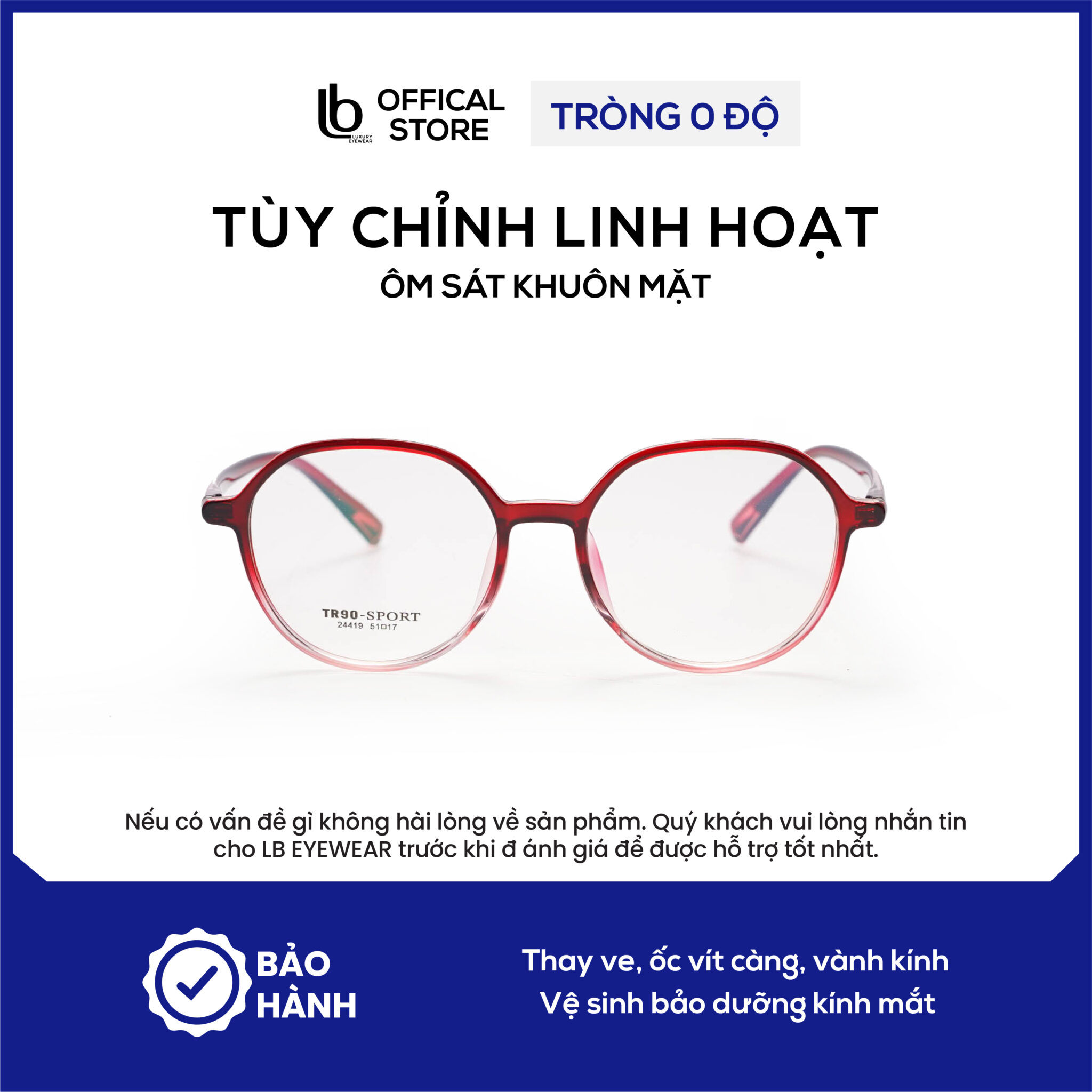 Gọng kính tròn LB Eyewear 24419 kính mắt nữ thời trang, chất liệu nhựa cao cấp, nhẹ không gây cấn mũi, đau tai