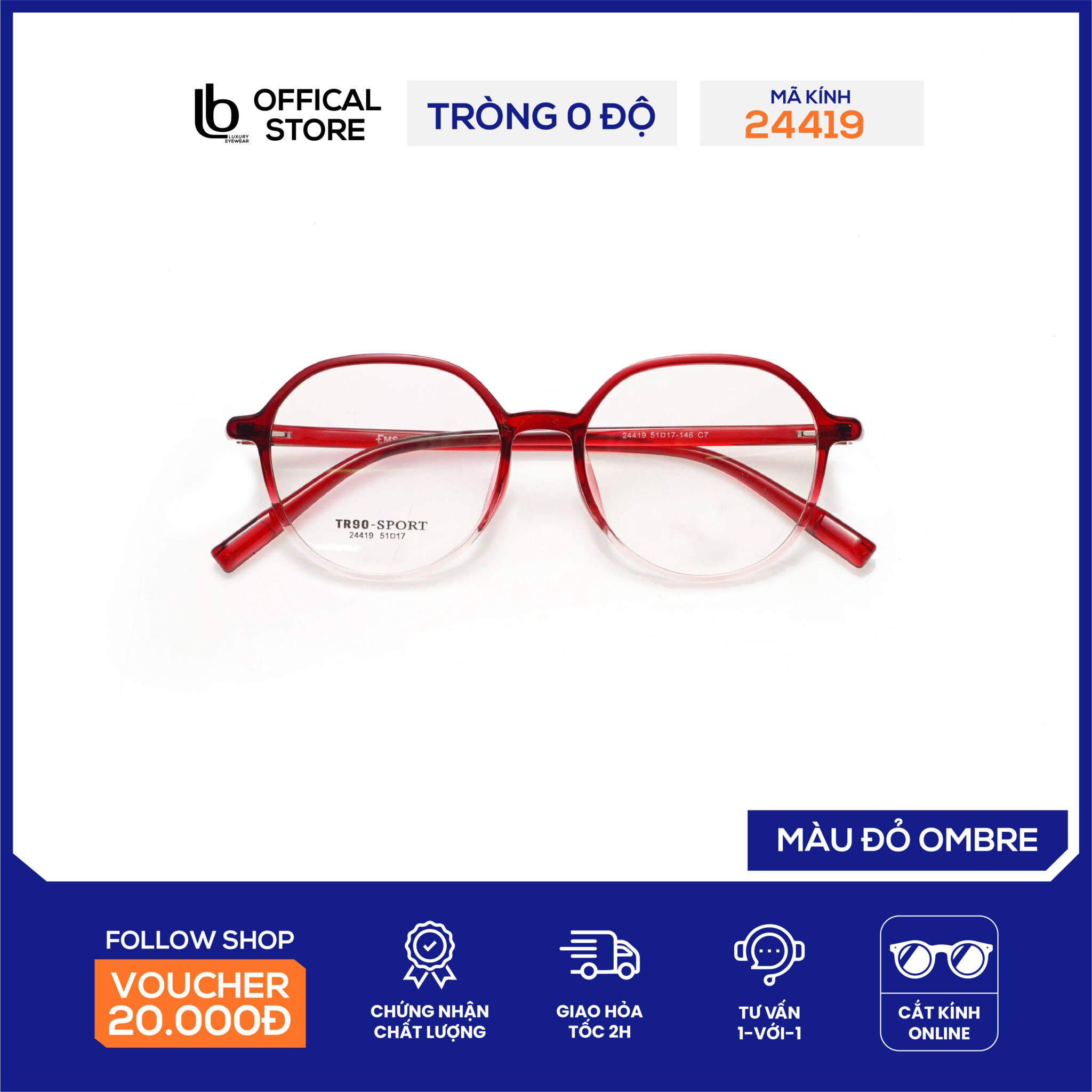 Gọng kính tròn LB Eyewear 24419 kính mắt nữ thời trang, chất liệu nhựa cao cấp, nhẹ không gây cấn mũi, đau tai