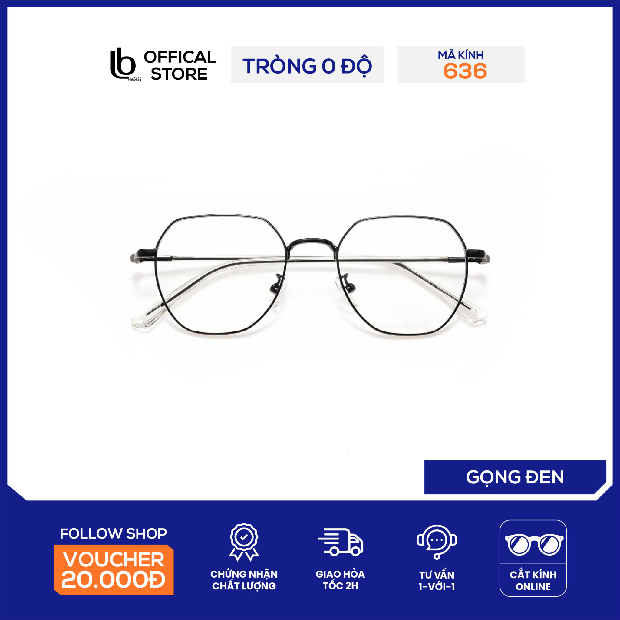 Kính đa giác LB Eyewear 656 gọng kính mắt chất liệu kim loại, phong cách lịch lãm, phù hợp nhiều loại khuôn mặt