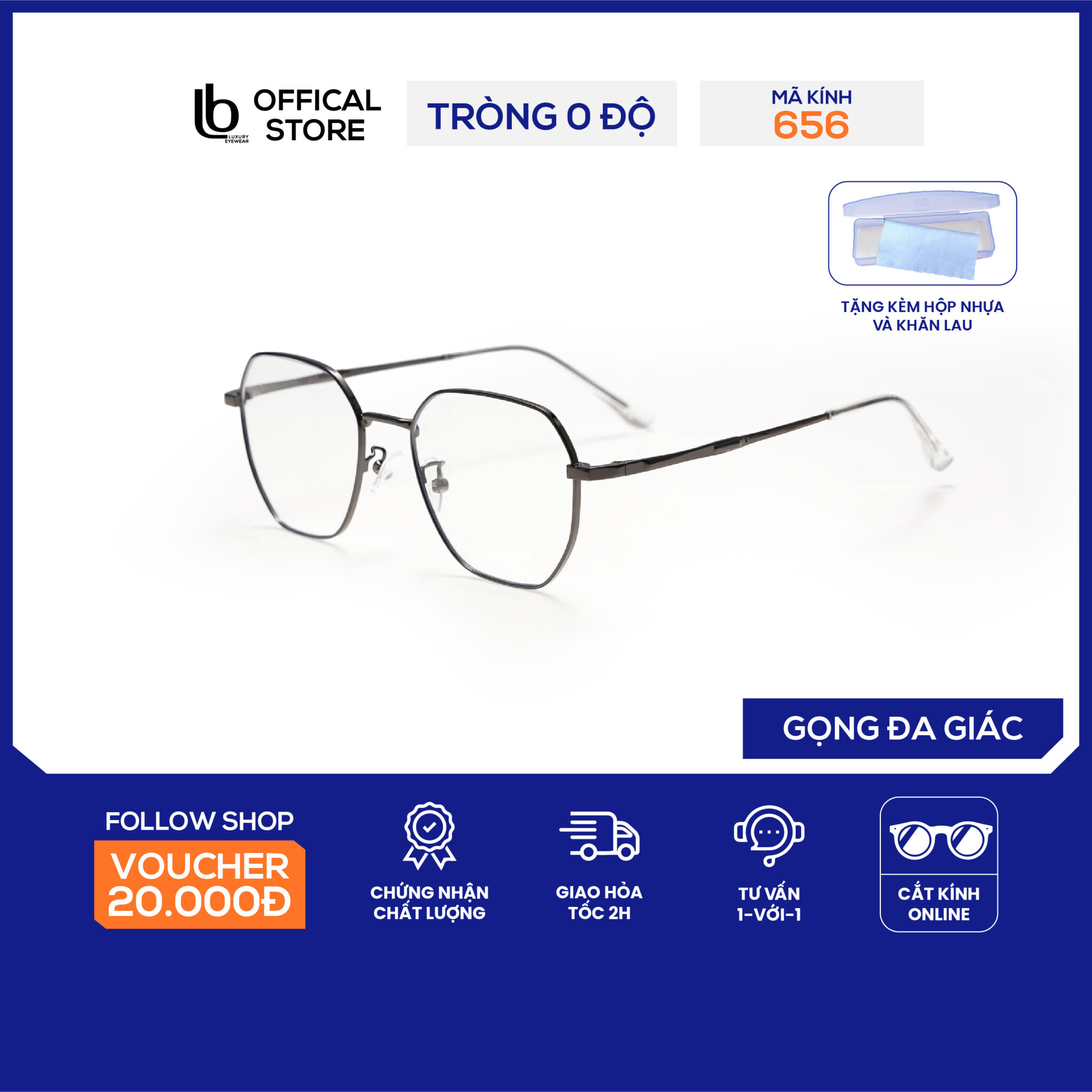 Kính đa giác LB Eyewear 656 gọng kính mắt chất liệu kim loại, phong cách lịch lãm, phù hợp nhiều loại khuôn mặt