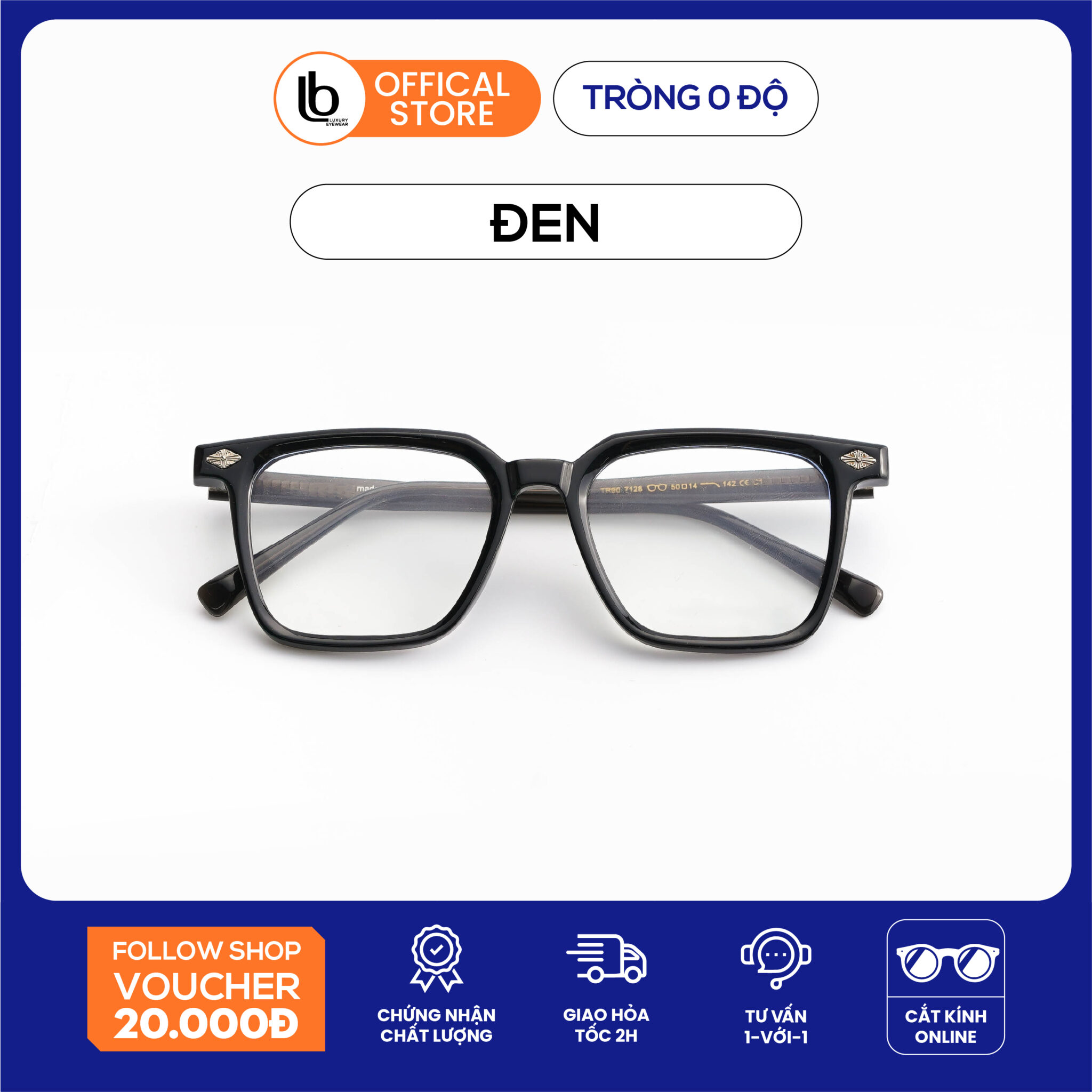 Kính giả cận LB Eyewear 7128 gọng kính chữ nhật chất liệu nhựa dẻo, chống tia UV thích hợp với khuôn mặt tròn, bầu
