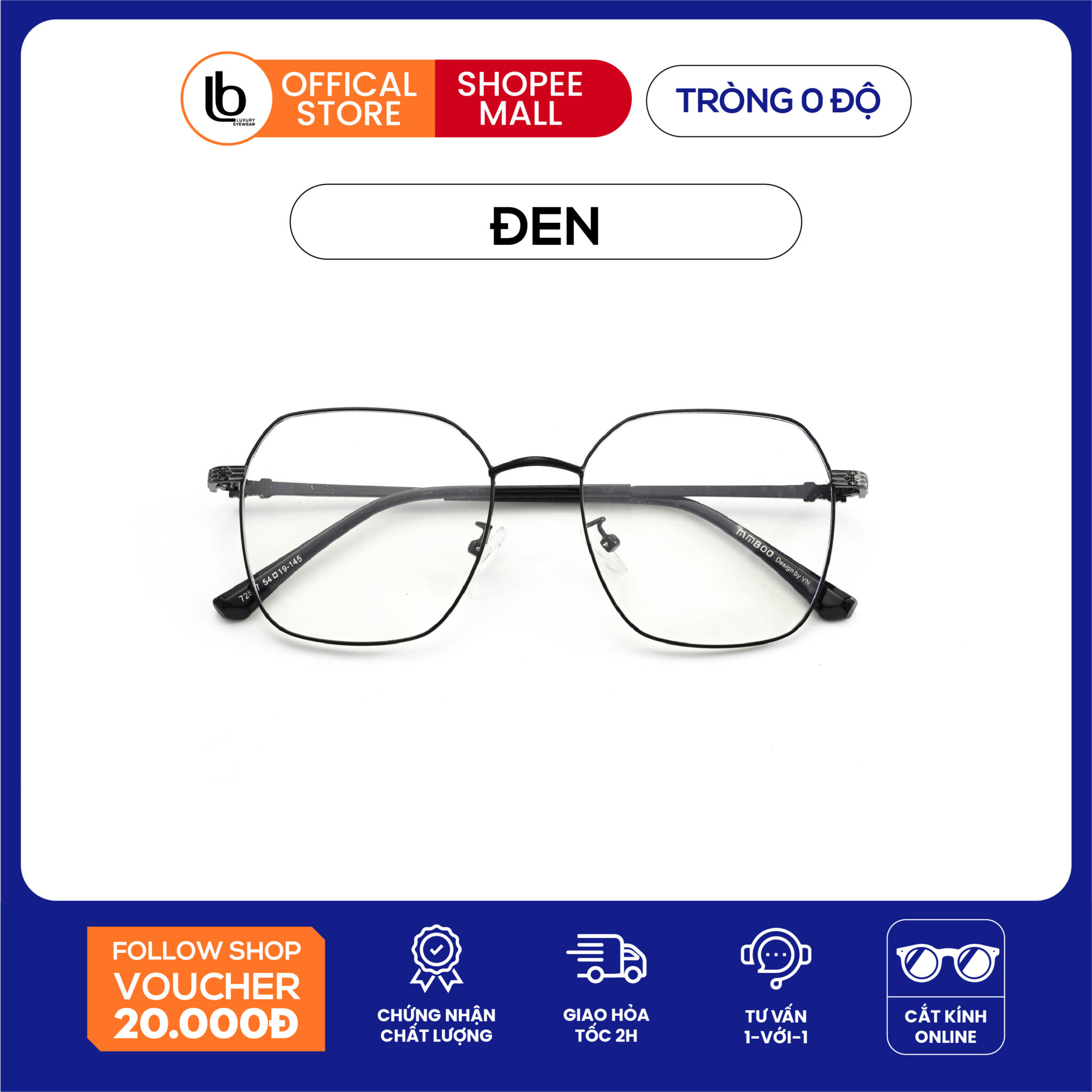 Gọng kính đa giác LB Eyewear 72857 kính thời trang nam nữ chất liệu kim loại, phù hợp khuôn mặt tròn, oval