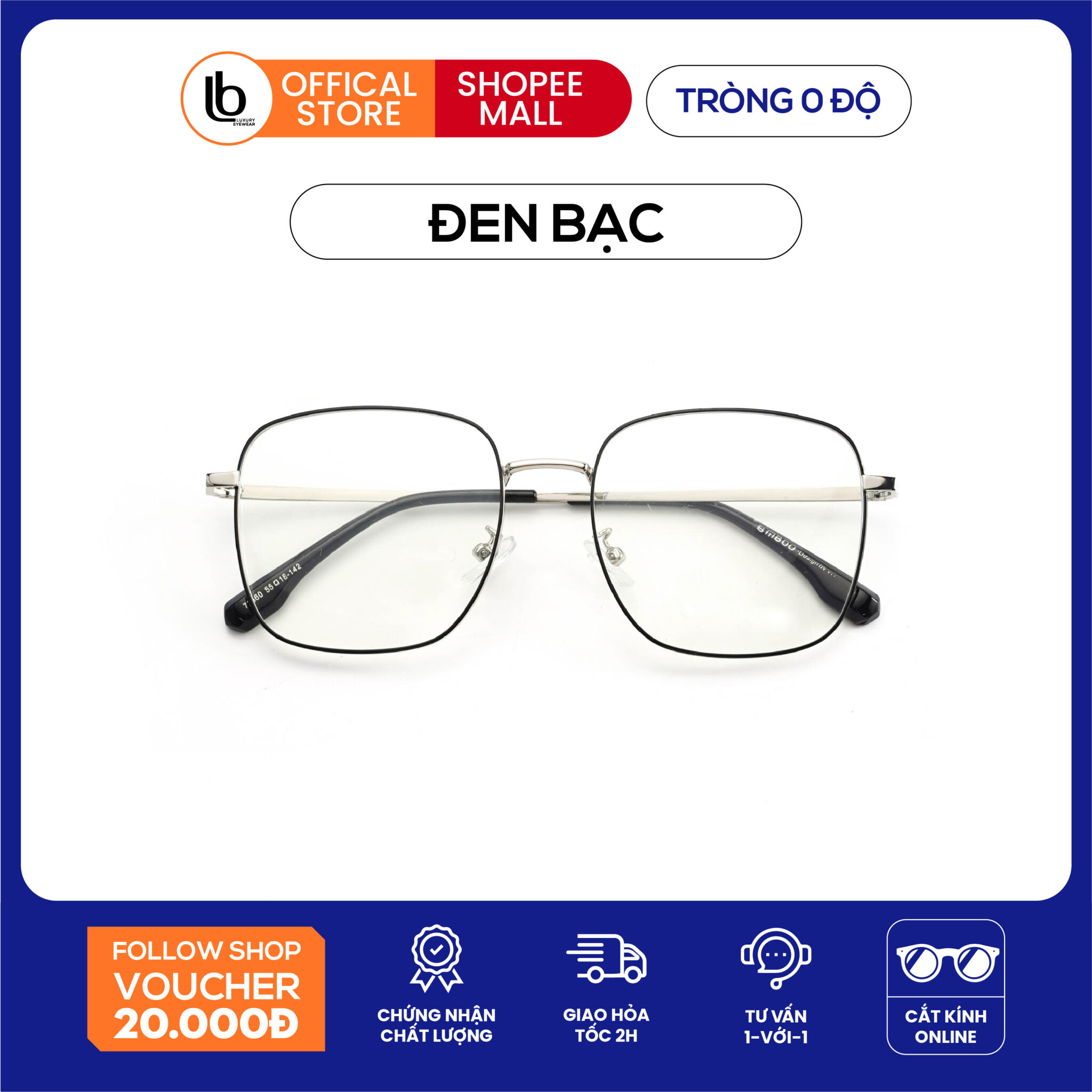 Gọng kính vuông LB Eyewear 72860 kính mắt nam nữ chất liệu kim loại chống tia UV thời trang cao cấp, dáng tôn khuôn mặt