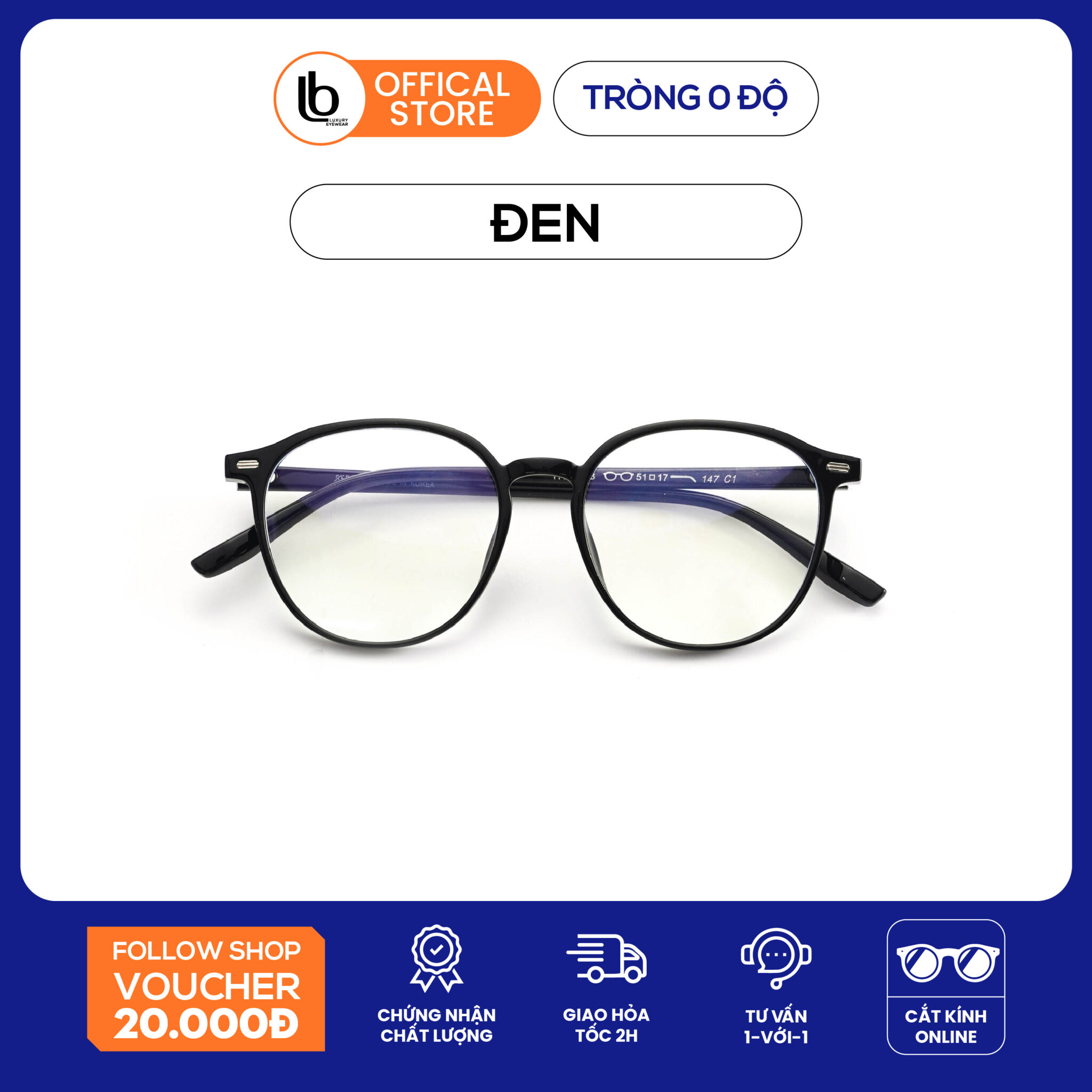 Kính trong suốt LB Eyewear 85078 gọng kính nhựa nam nữ thời trang chống tia UV nhẹ không gây nặng mặt