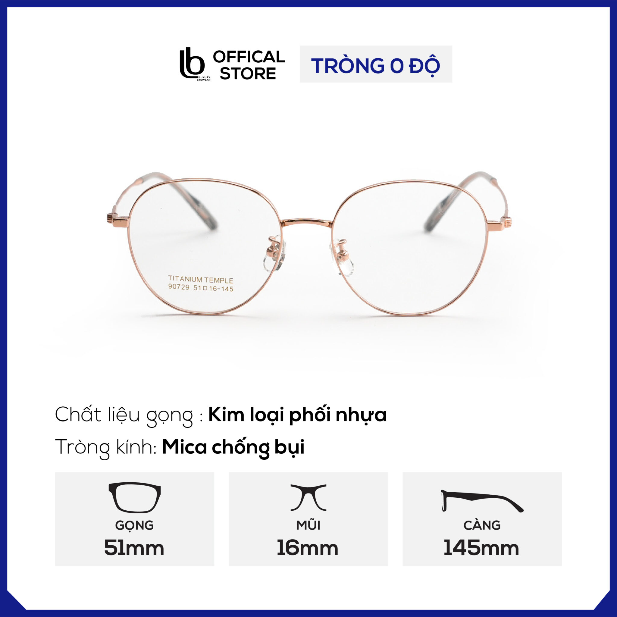 Kính gọng tròn LB Eyewear 90729 kính kim loại thời trang nam nữ, có thể lắp tròng chống tia UV, ánh sang xanh, đổi màu
