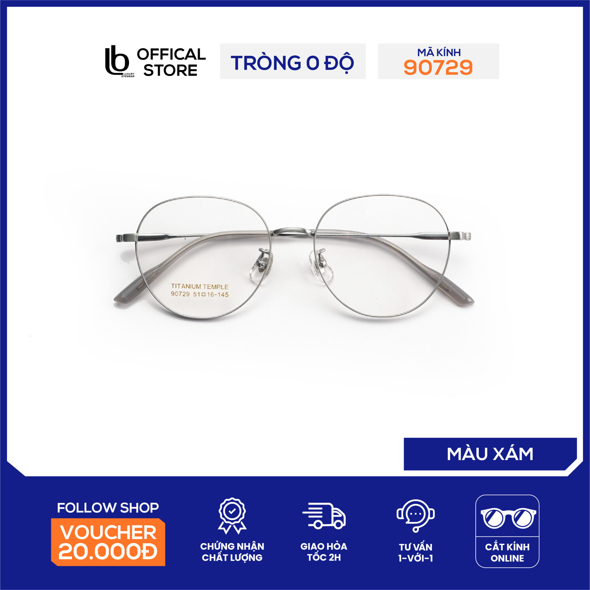 Kính gọng tròn LB Eyewear 90729 kính kim loại thời trang nam nữ, có thể lắp tròng chống tia UV, ánh sang xanh, đổi màu