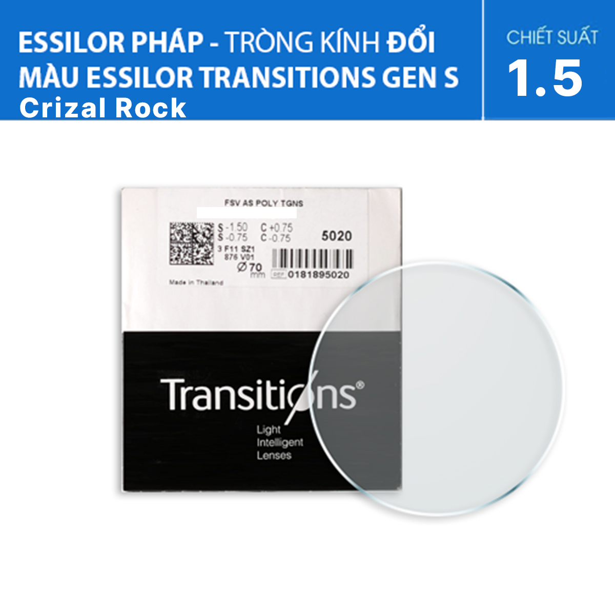 Tròng kính đổi màu Essilor Transitions® Gen S™ – Váng phủ Crizal Rock -thế hệ tròng kính đổi màu mới nhất 2025