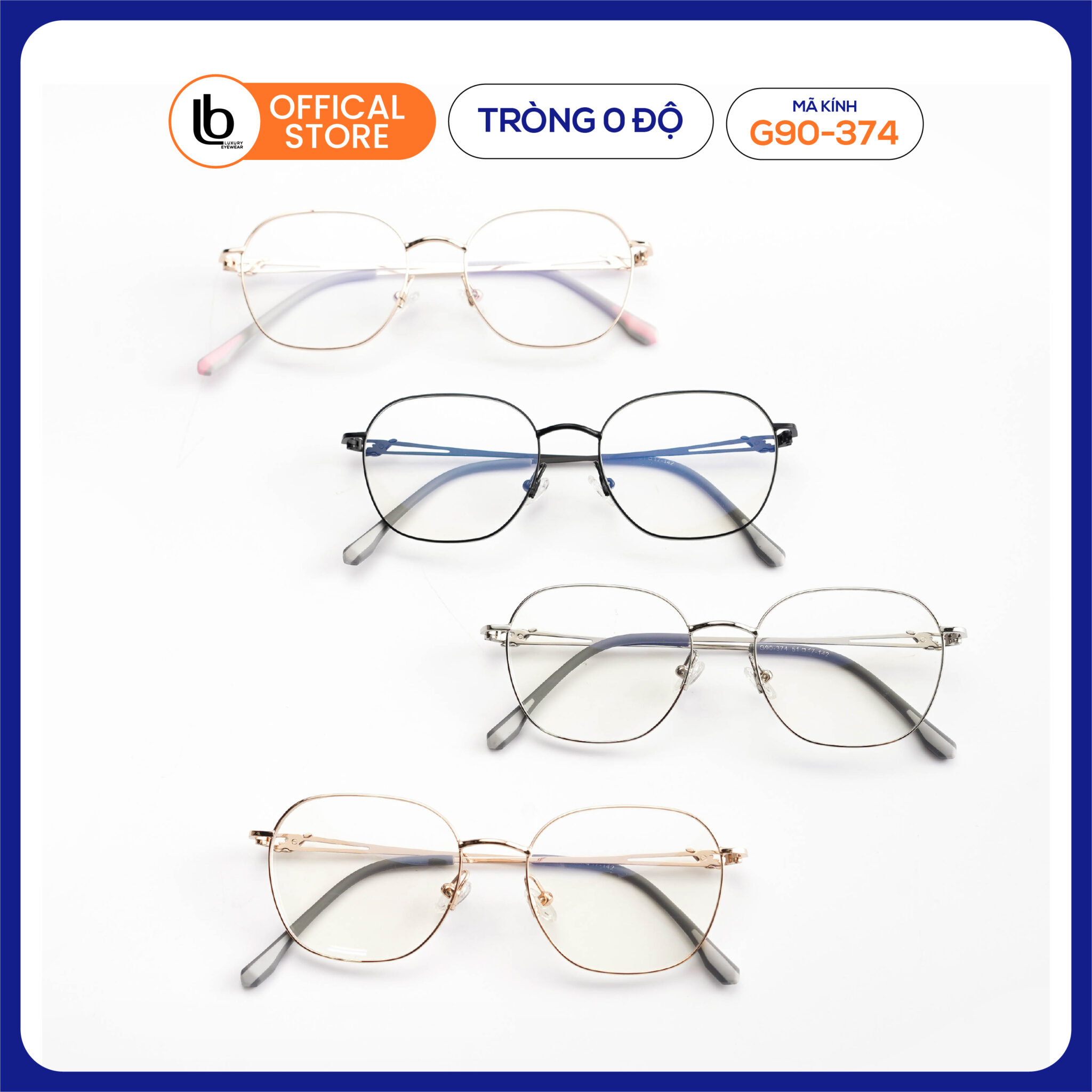 Kính cận có độ LB Eyewear 90374 kính gọng kim loại đa giác thời trang, chống tia UV, unisex phù hợp mặt tròn, oval
