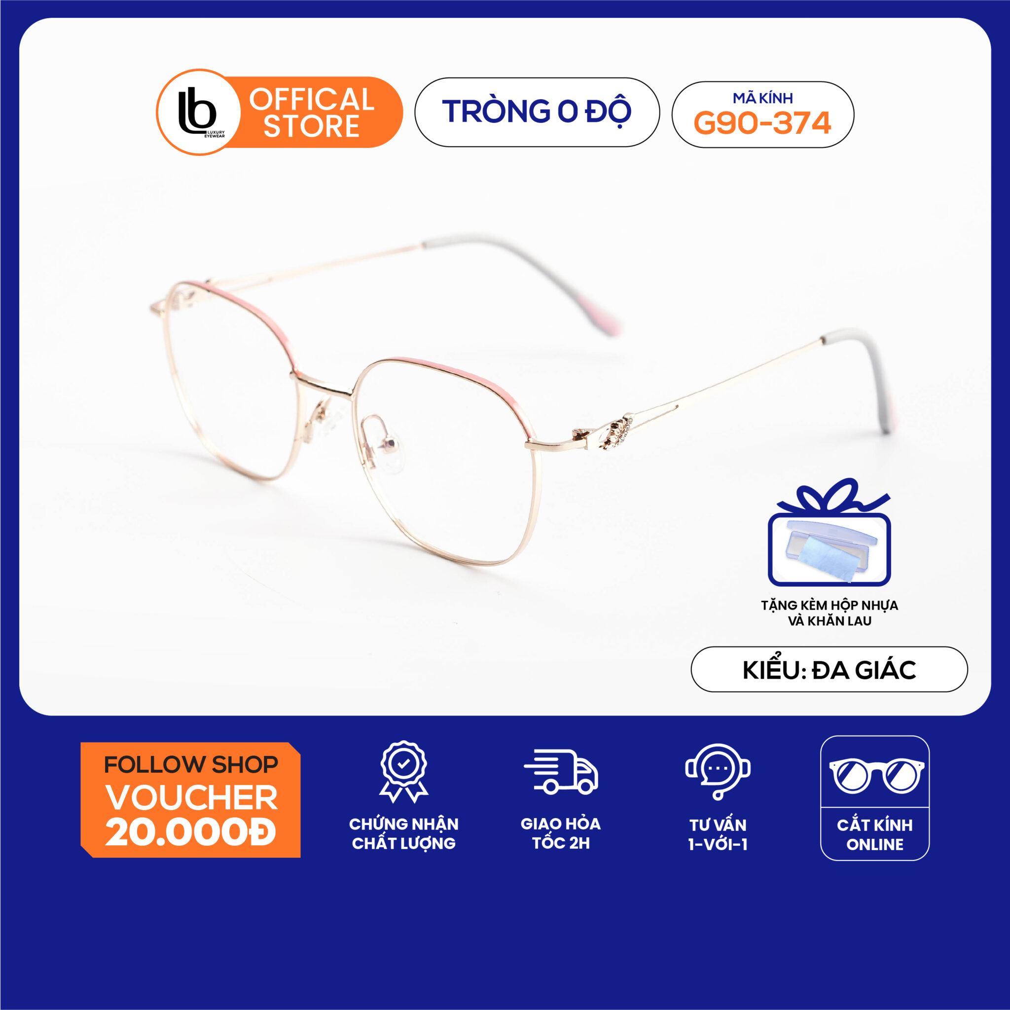 Kính cận có độ LB Eyewear 90374 kính gọng kim loại đa giác thời trang, chống tia UV, unisex phù hợp mặt tròn, oval