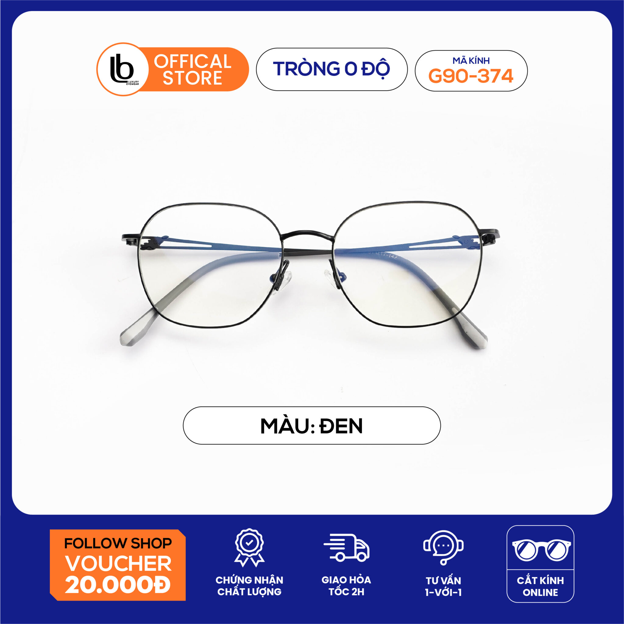 Kính cận có độ LB Eyewear 90374 kính gọng kim loại đa giác thời trang, chống tia UV, unisex phù hợp mặt tròn, oval