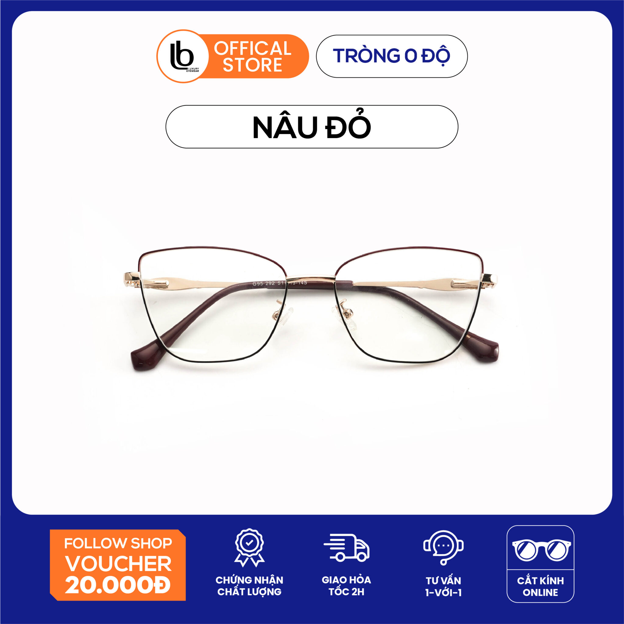 Kính mắt mèo gọng kim loại LB Eyewear 95292 mắt kính nữ thời trang, chống tia UV chắc chắn nhẹ không gây đau tai