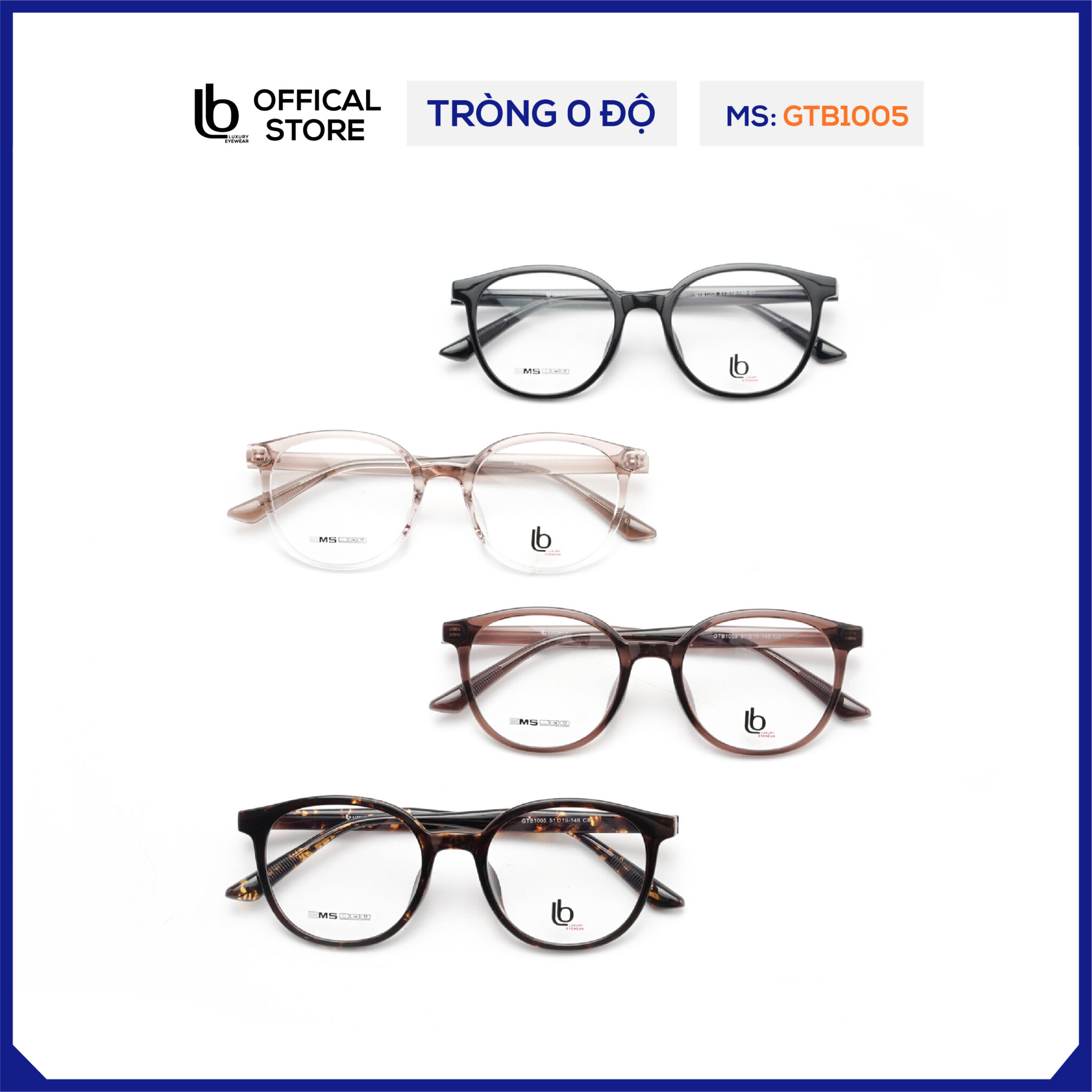 Kính gọng tròn giả cận LB Eyewear GTB1005 gọng kính nhựa thời trang, càng kính cốt kim loại chắc chắn, dễ điều chỉnh