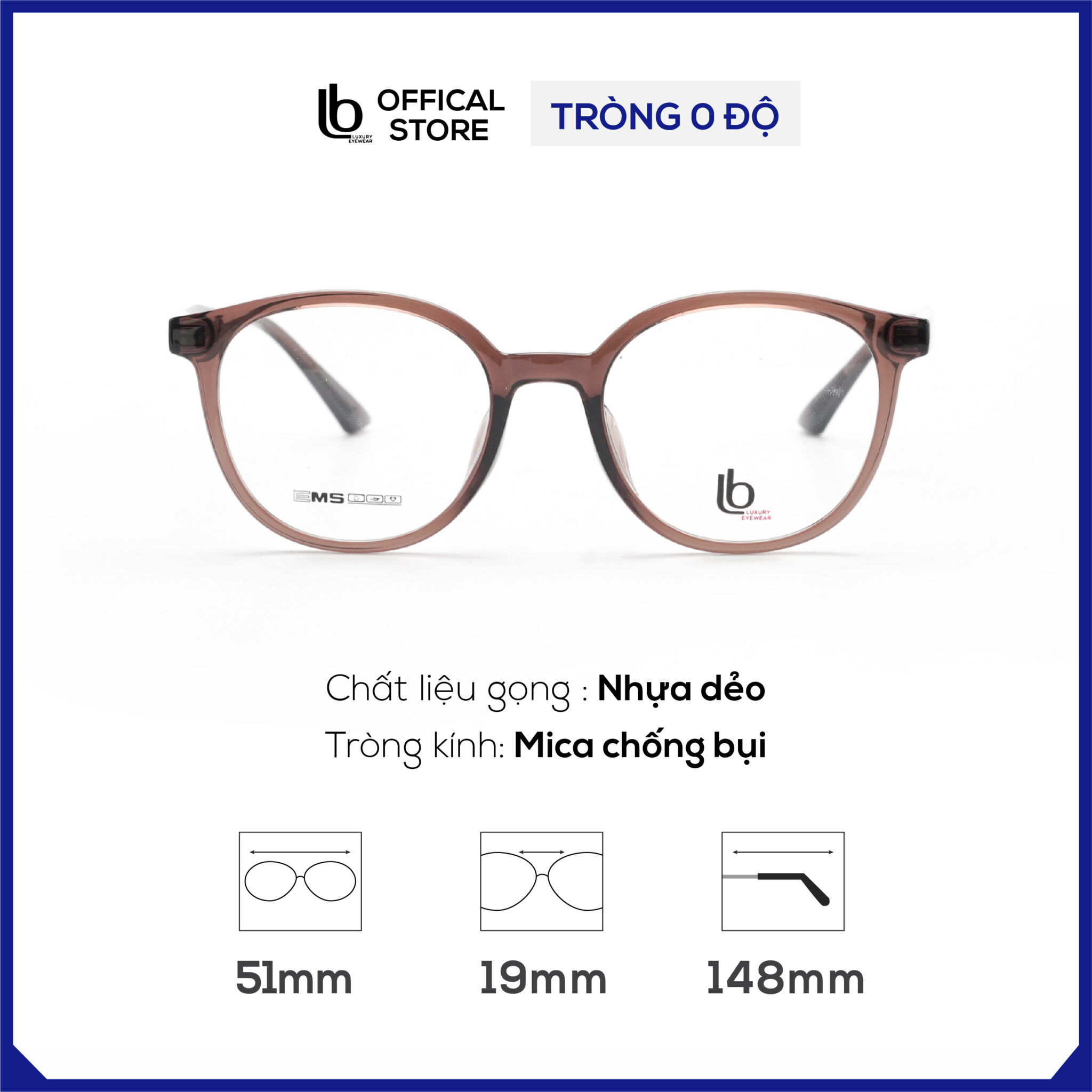 Kính gọng tròn giả cận LB Eyewear GTB1005 gọng kính nhựa thời trang, càng kính cốt kim loại chắc chắn, dễ điều chỉnh