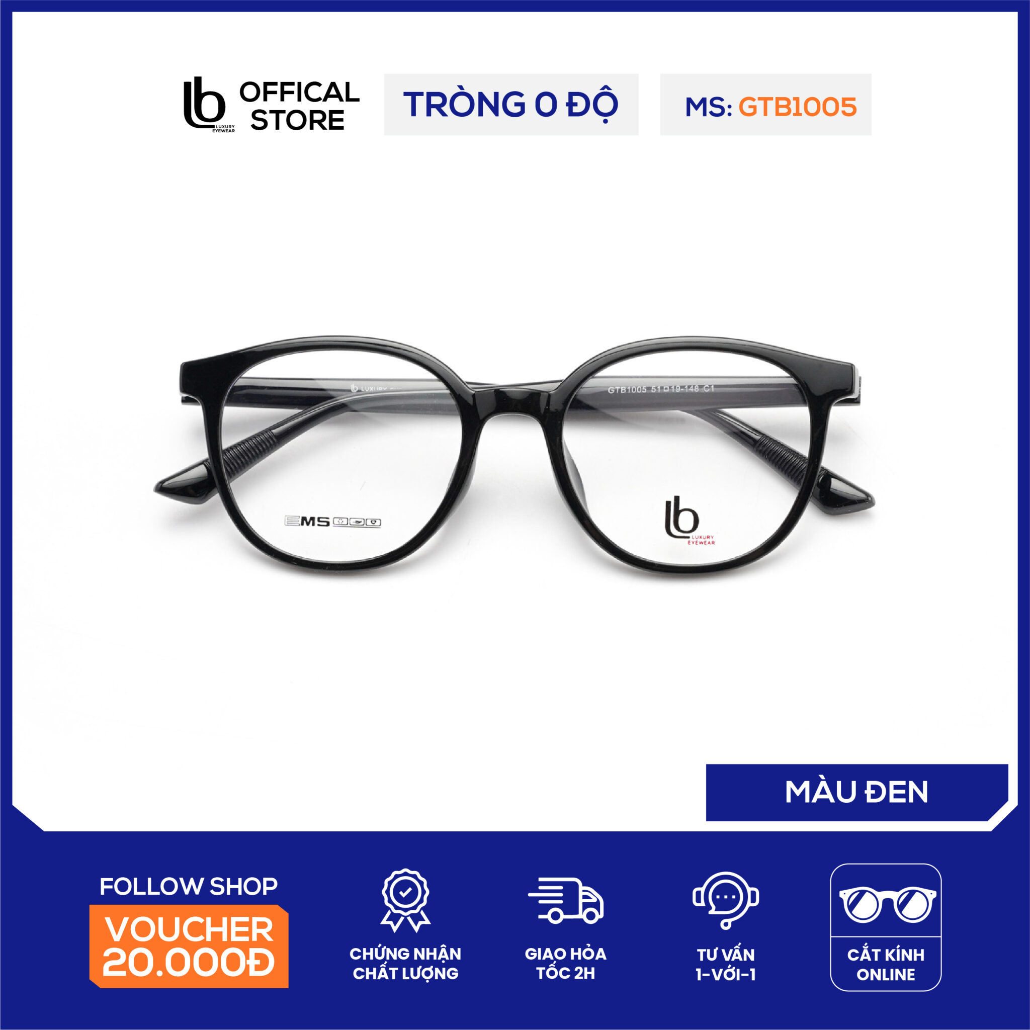Kính gọng tròn giả cận LB Eyewear GTB1005 gọng kính nhựa thời trang, càng kính cốt kim loại chắc chắn, dễ điều chỉnh