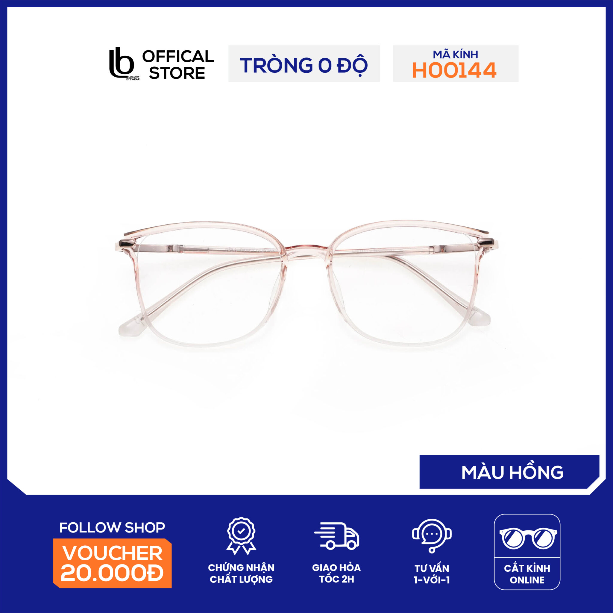 Kính gọng vuông LB Eyewear H00144 gọng kính cận thời trang nam nữ chất liệu nhựa, có thể lắp tròng cận, đổi màu