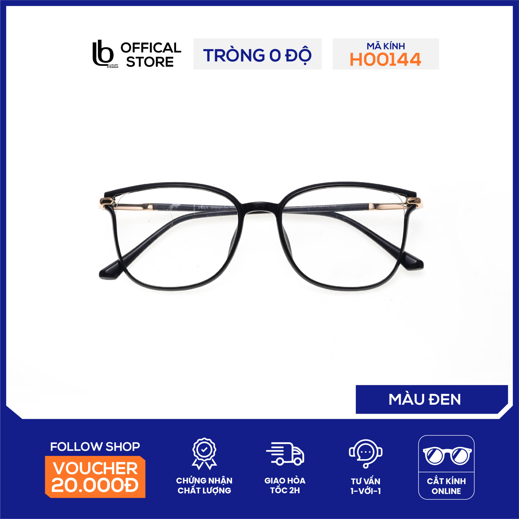 Kính gọng vuông LB Eyewear H00144 gọng kính cận thời trang nam nữ chất liệu nhựa, có thể lắp tròng cận, đổi màu