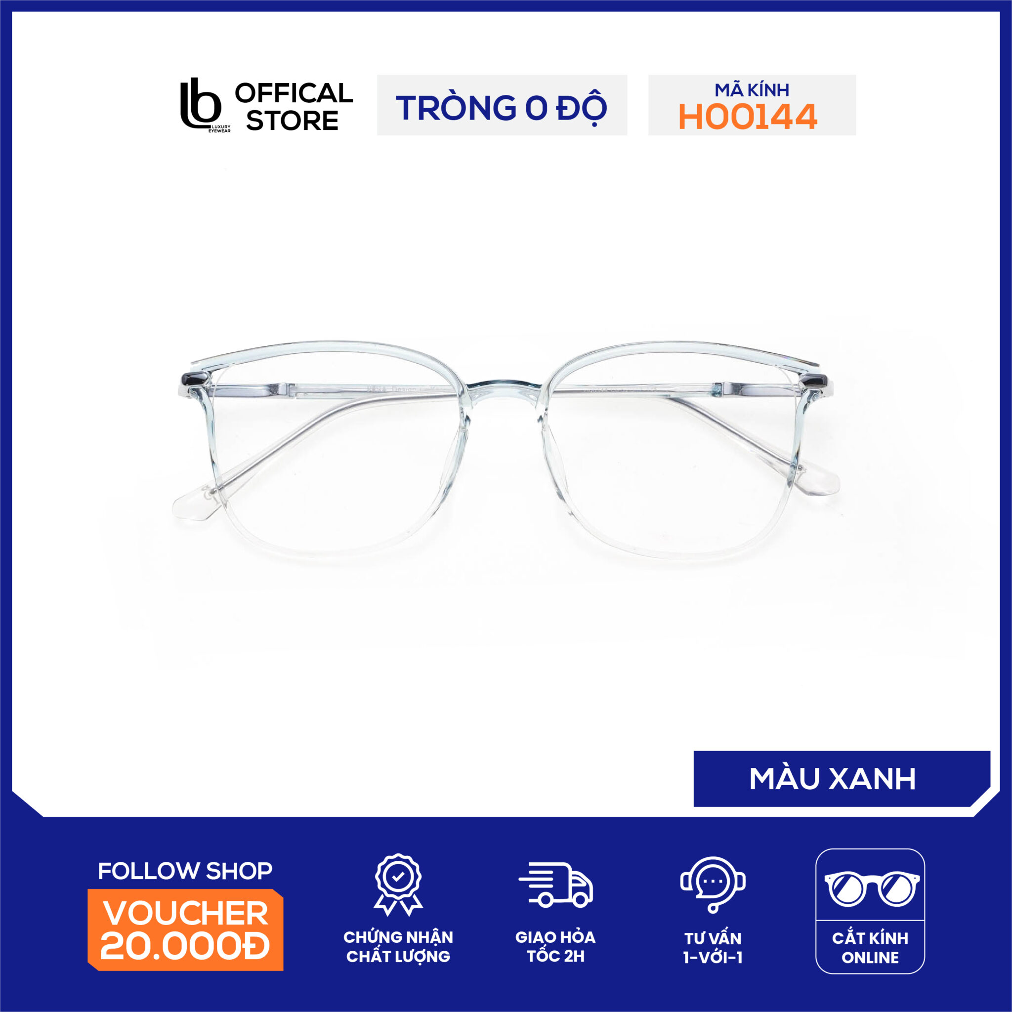 Kính gọng vuông LB Eyewear H00144 gọng kính cận thời trang nam nữ chất liệu nhựa, có thể lắp tròng cận, đổi màu