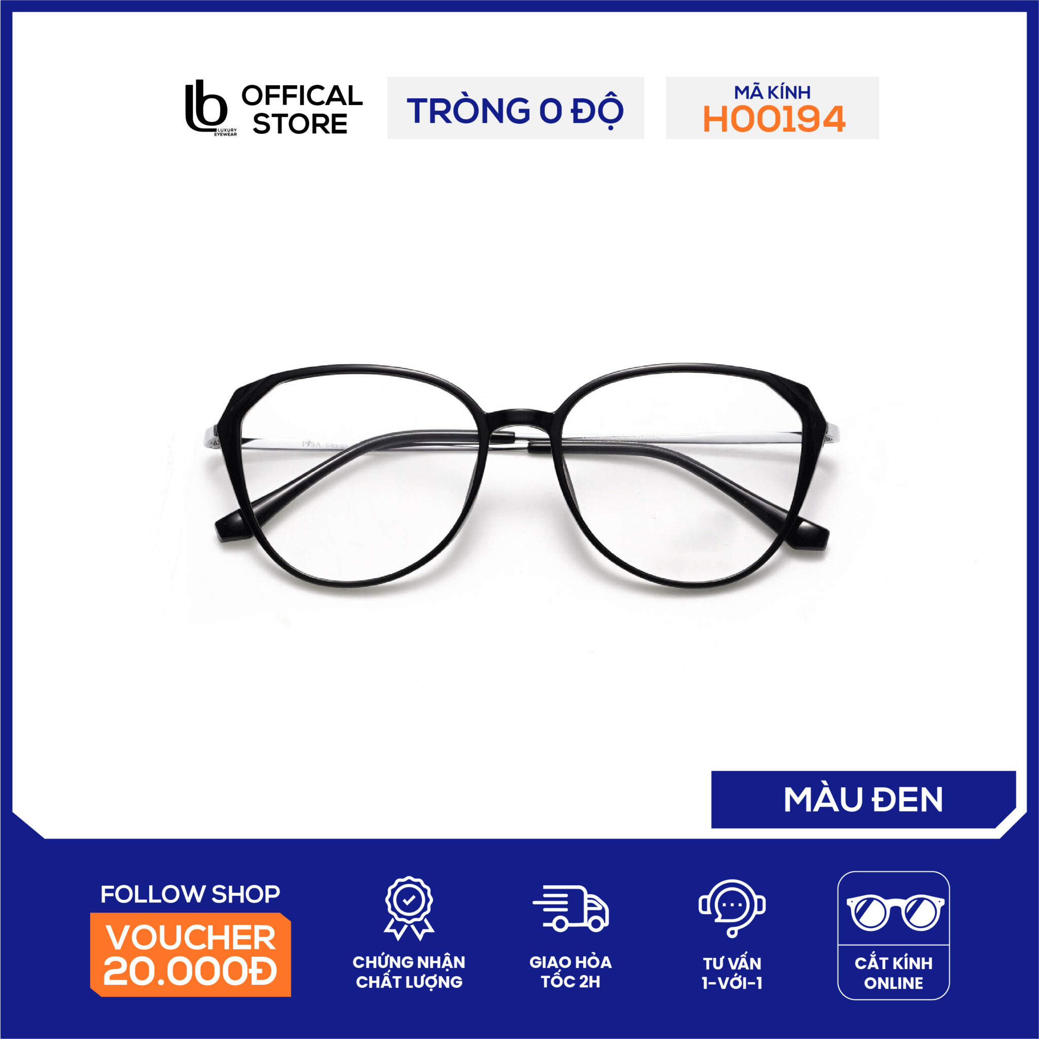 Gọng kính mắt mèo LB Eyewear H00194 mắt kính nam nữ thời trang, chất liệu nhựa, form dáng vừa