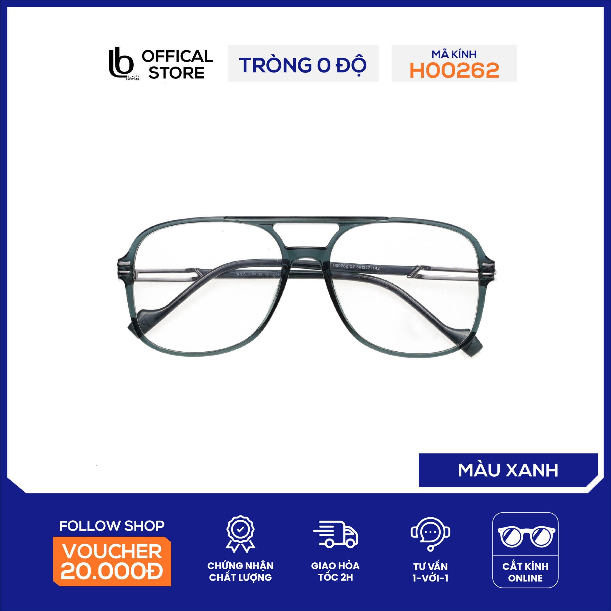 Kính phi công LB Eyewear H00262 kính giả cận nam nữ thời trang chất liệu nhựa, form vừa khuôn mặt châu Á