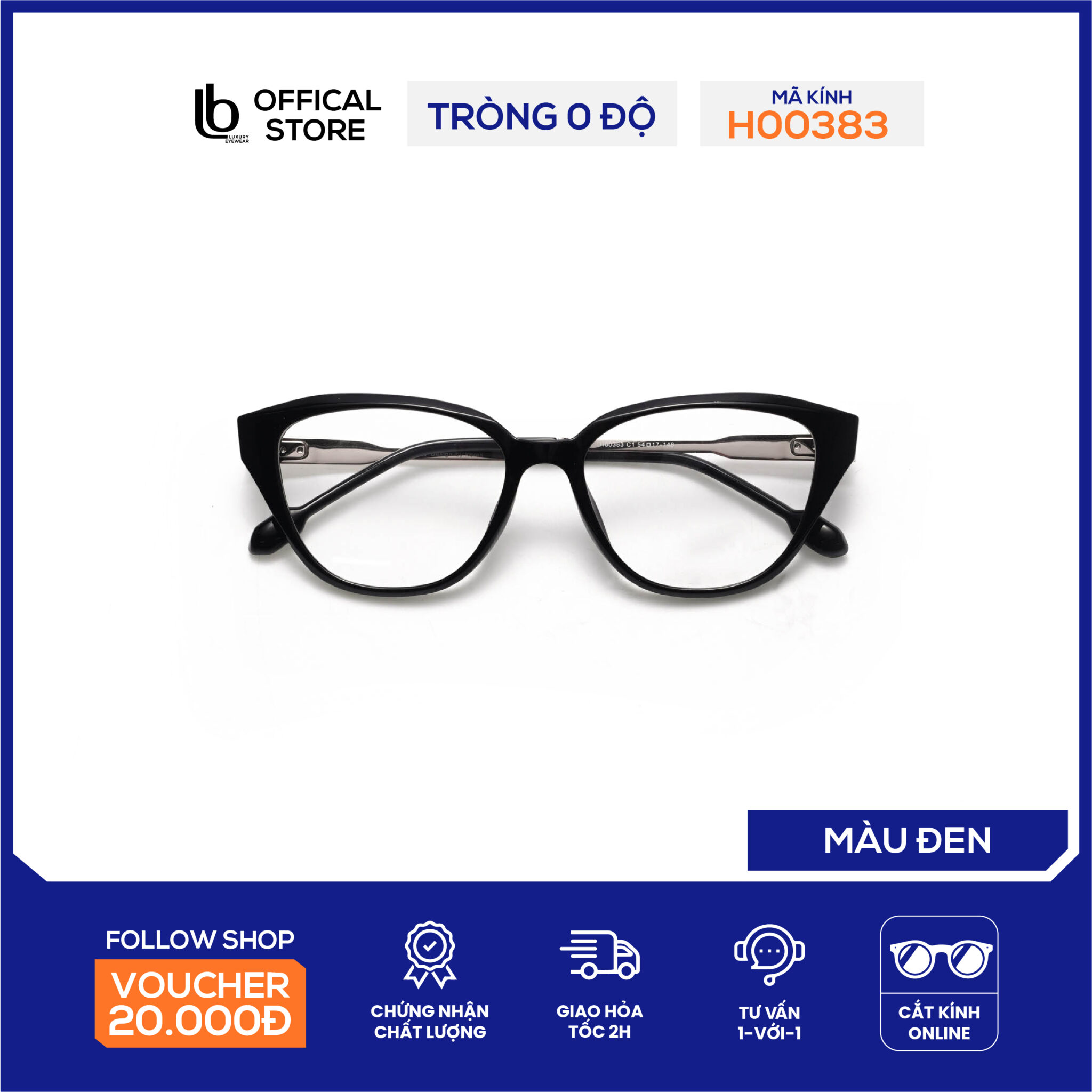 Kính cận mắt mèo LB Eyewear H00384 gọng kính nhựa càng mắt kính kim loại, trọng lượng nhẹ hơn 30% so với gọng thường