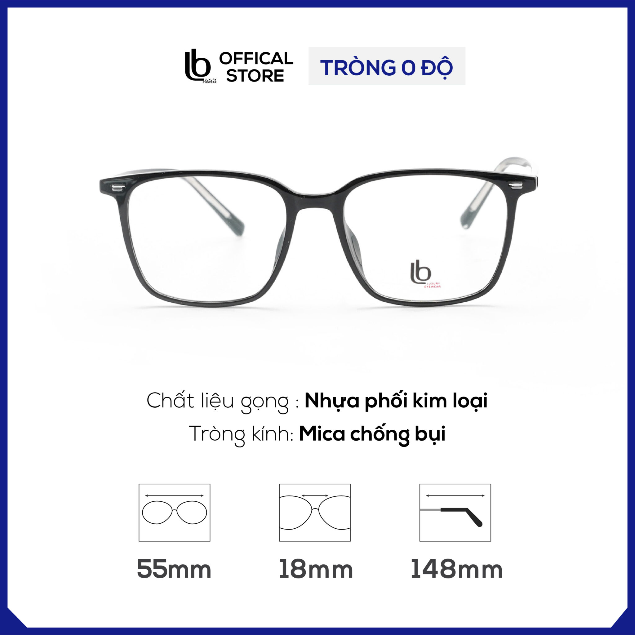 Gọng kính vuông chữ nhật LB Eyewear H21011 mắt kính nam nữ thời trang, chất liệu nhựa cao cấp chống tia UV