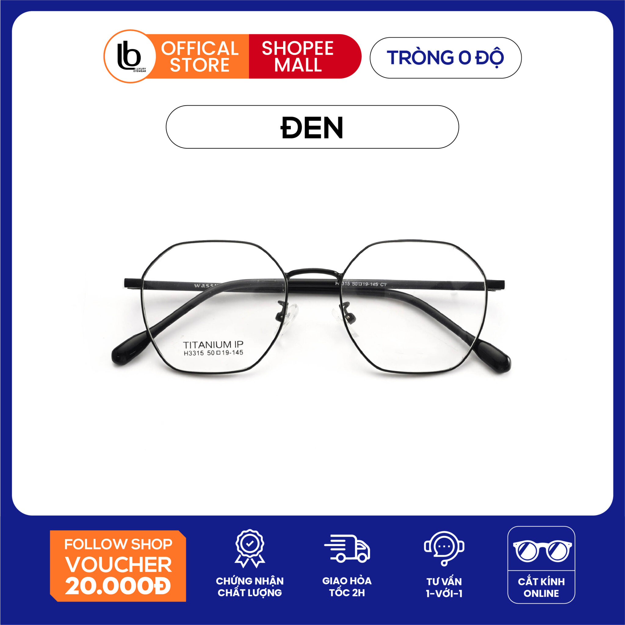 Gọng kính cận LB Eyewear 3315 kính mắt nam nữ chống tia UV thời trang, phù hợp với khuôn mặt bầu, tròn