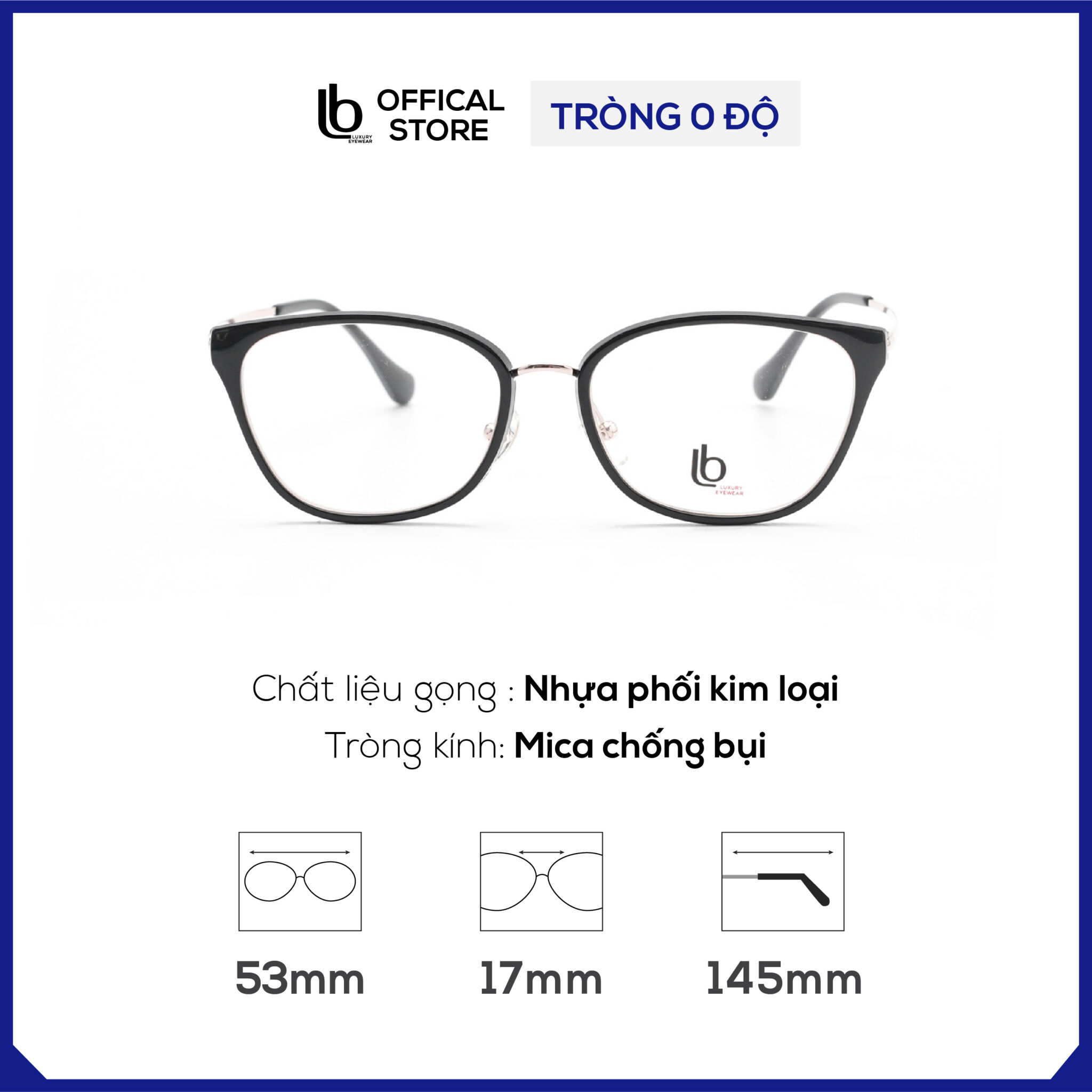 Gọng kính mắt mèo LB Eyewear H70848 kính mắt nam nữ thời trang trọng lượng nhẹ, không gây đau mũi, cấn tai