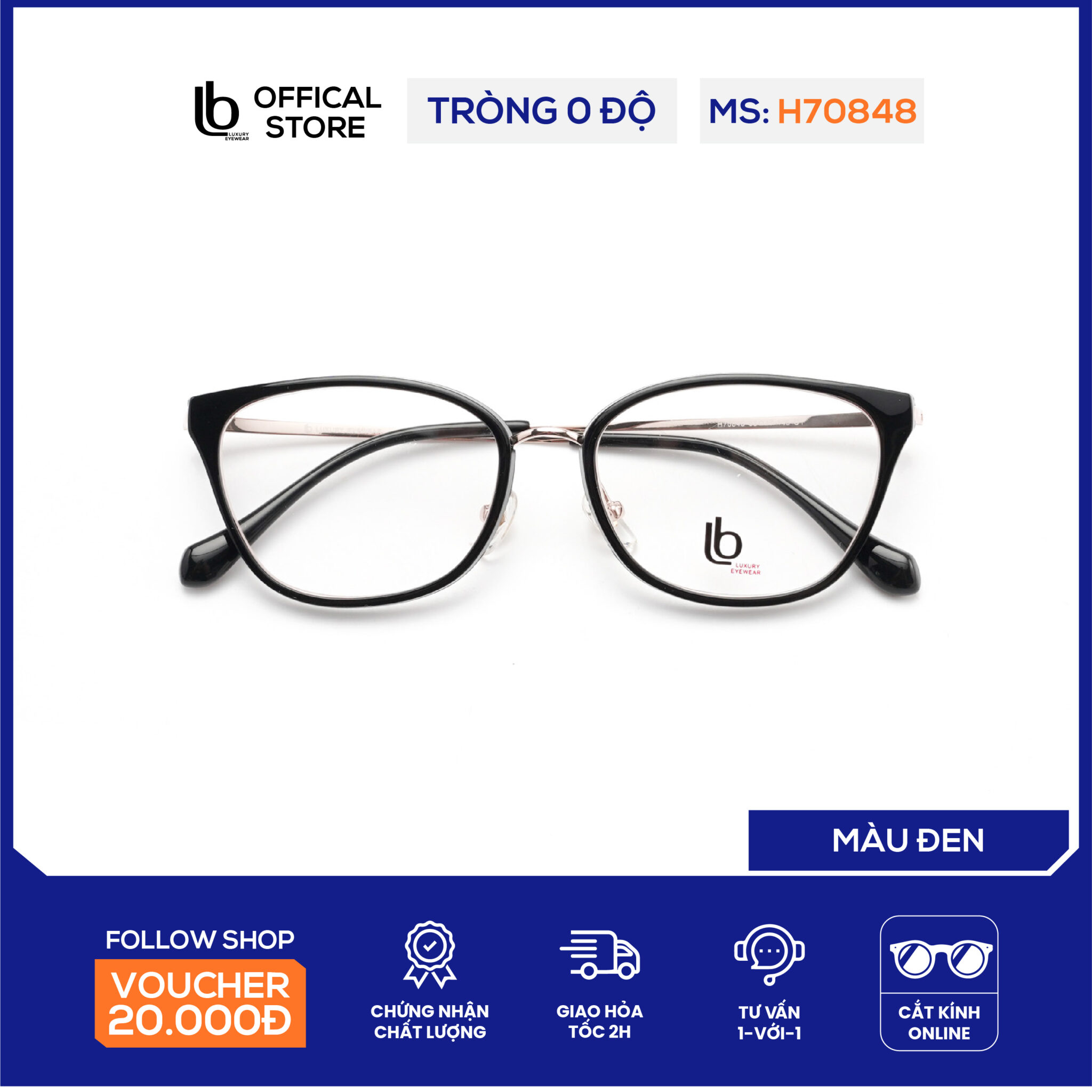 Gọng kính mắt mèo LB Eyewear H70848 kính mắt nam nữ thời trang trọng lượng nhẹ, không gây đau mũi, cấn tai
