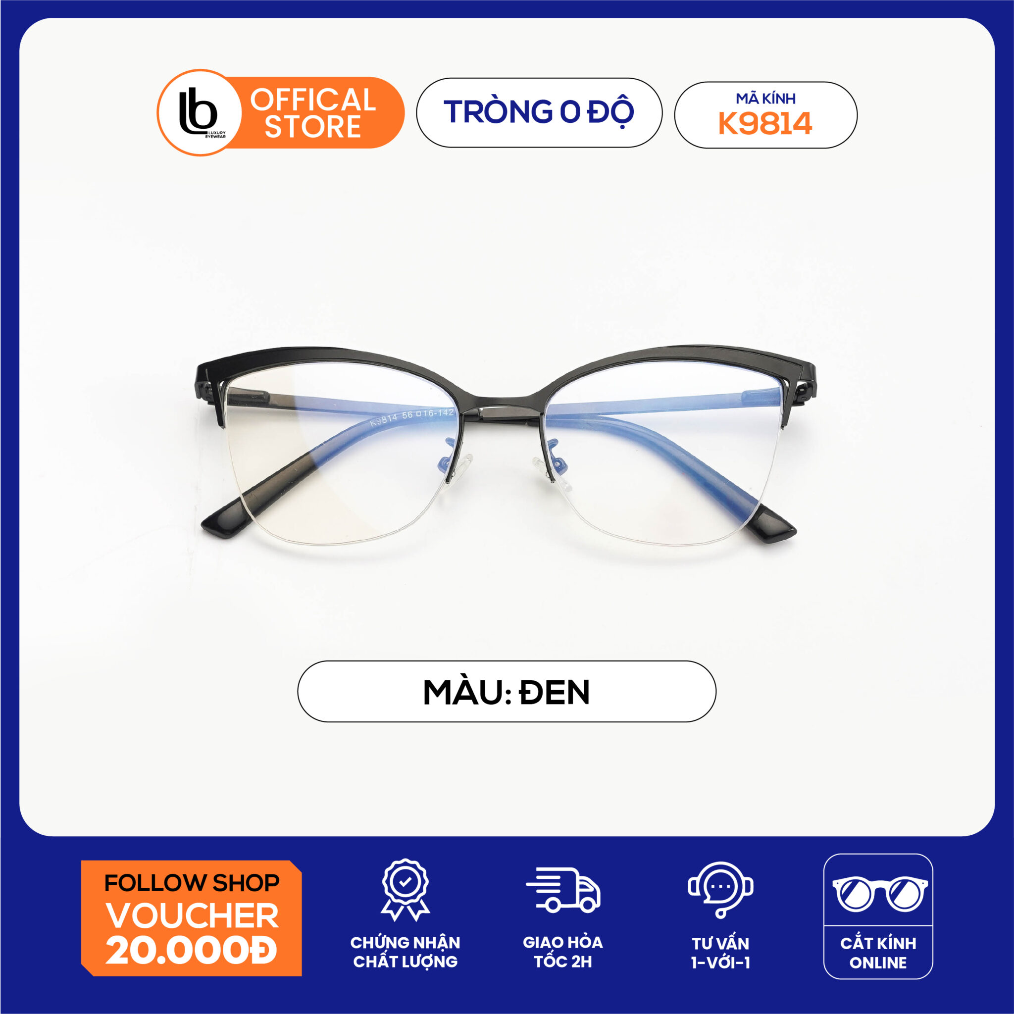 Kính cận mắt mèo LB Eyewear 9814 gọng kính kim loại thời trang nam nữ, có thể lắp tròng cận, phù hợp nhiều dáng mặt