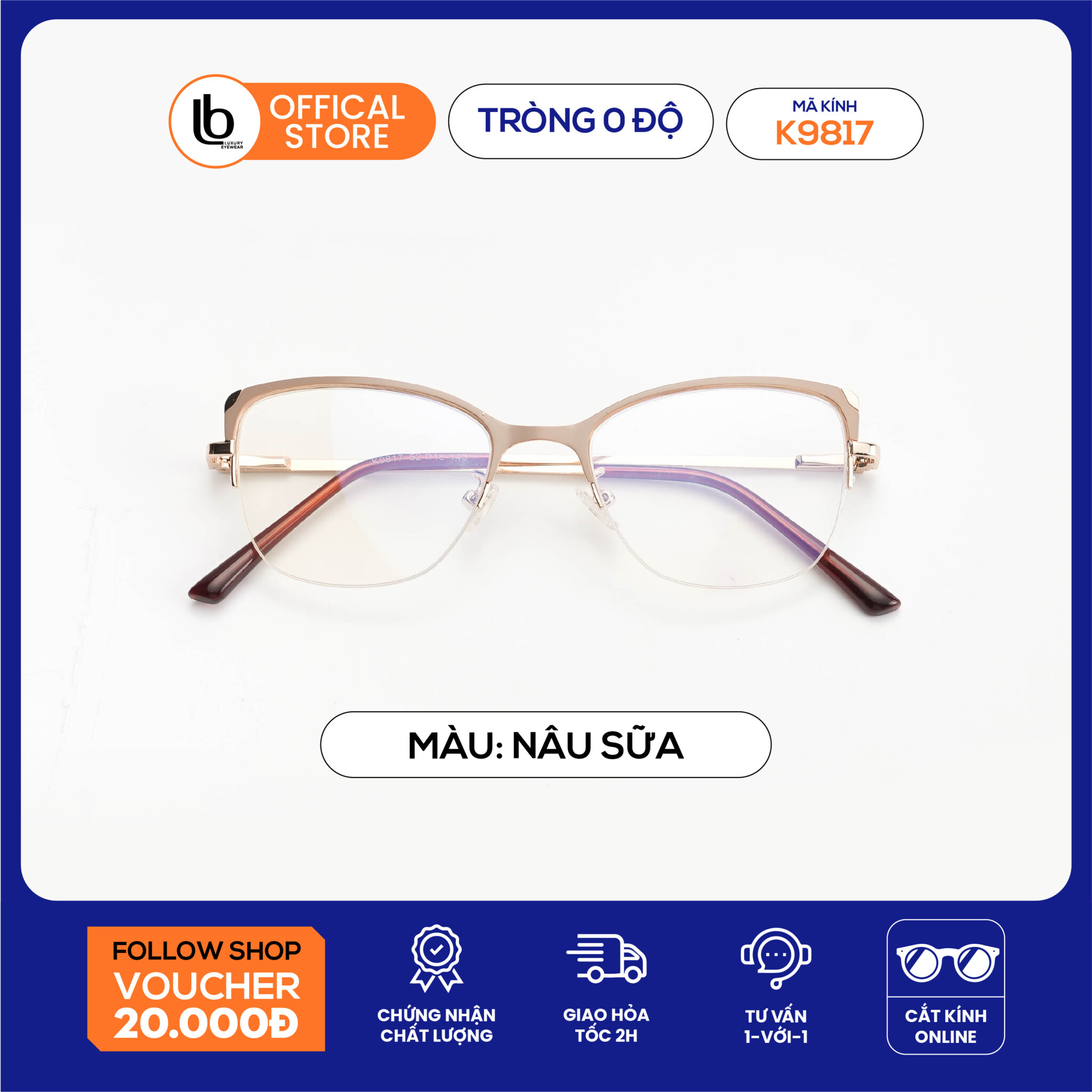 Mắt kính mắt mèo LB Eyewear 9817 kính thời trang nữ giả cận, chống tia UV chất liệu kim loại, phù hợp nhiều dáng mặt
