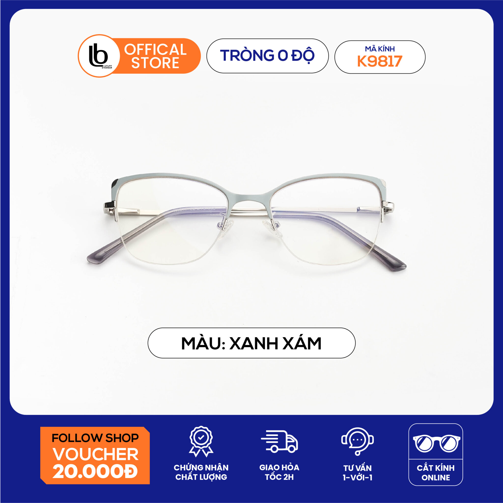 Mắt kính mắt mèo LB Eyewear 9817 kính thời trang nữ giả cận, chống tia UV chất liệu kim loại, phù hợp nhiều dáng mặt