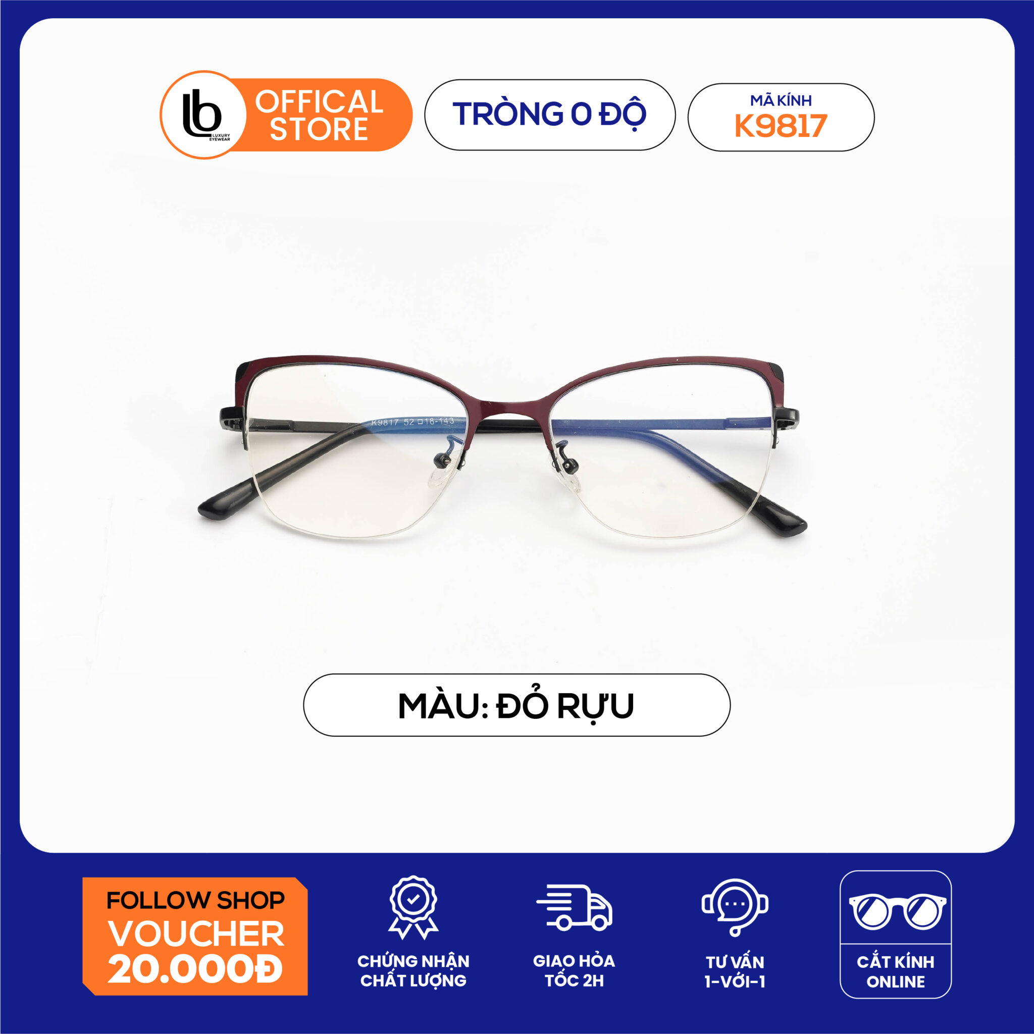 Mắt kính mắt mèo LB Eyewear 9817 kính thời trang nữ giả cận, chống tia UV chất liệu kim loại, phù hợp nhiều dáng mặt
