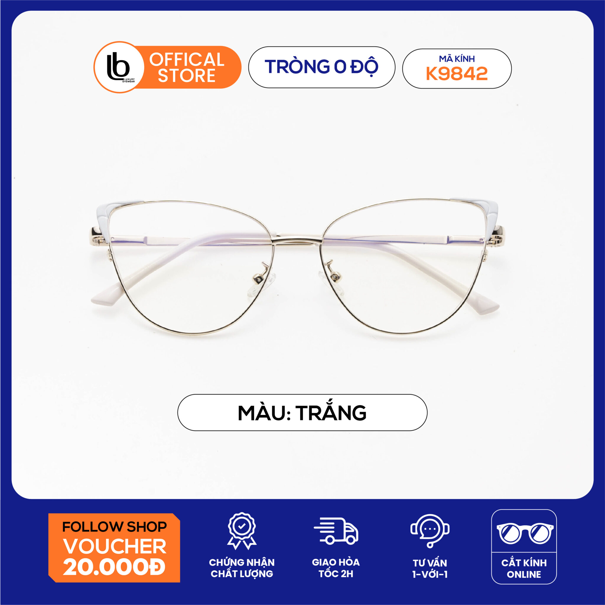 Kính cận mắt mèo LB Eyewear 9842 gọng kính kim loại chất liệu nhẹ hơn 50%, thời trang phù hợp khuôn mặt tròn, Oval