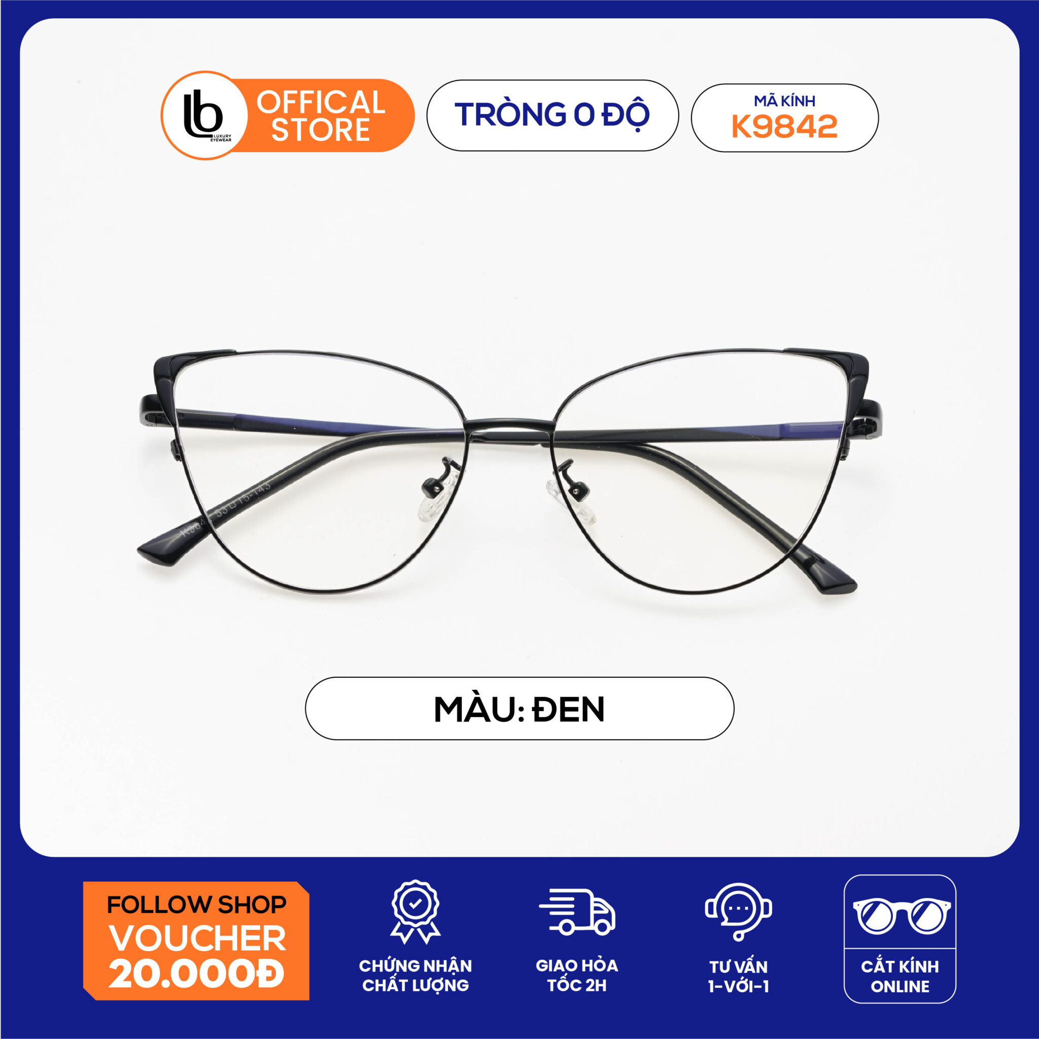 Kính cận mắt mèo LB Eyewear 9842 gọng kính kim loại chất liệu nhẹ hơn 50%, thời trang phù hợp khuôn mặt tròn, Oval