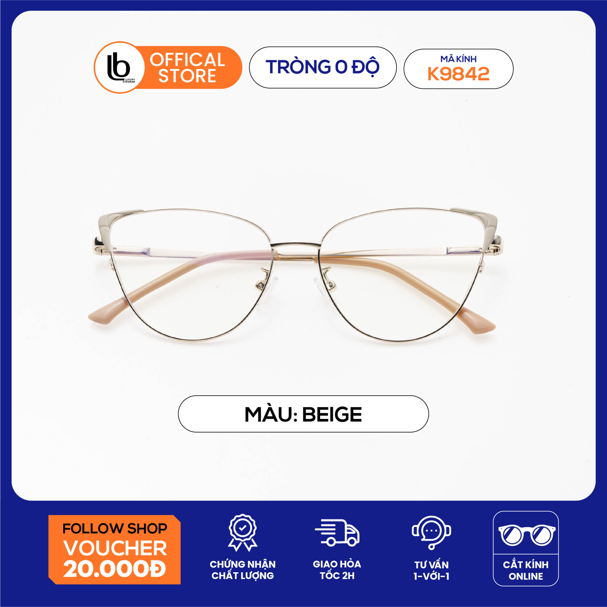 Kính cận mắt mèo LB Eyewear 9842 gọng kính kim loại chất liệu nhẹ hơn 50%, thời trang phù hợp khuôn mặt tròn, Oval