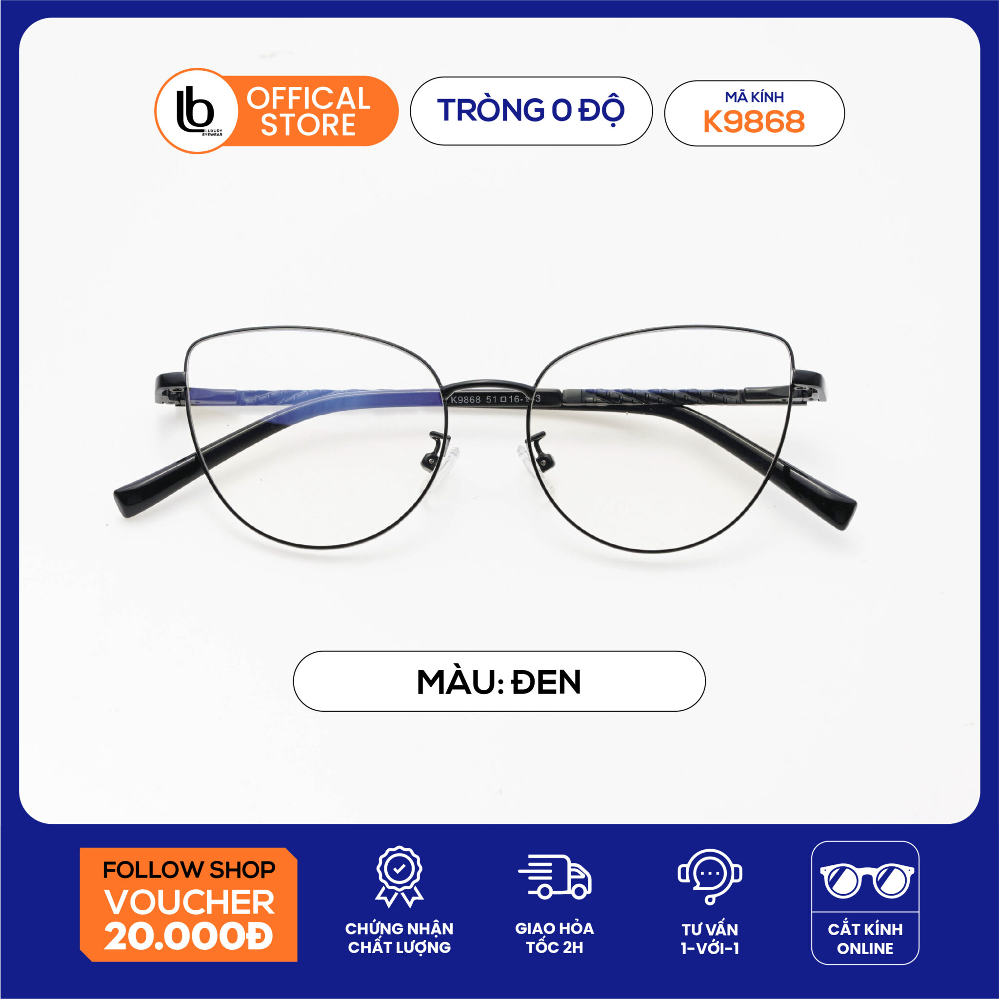 Kính đọc sách LB Eyewear 9868 kính cận mắt mèo chất liệu kim loại, kiểu dáng thời trang, ôm khuôn mặt, form châu Á