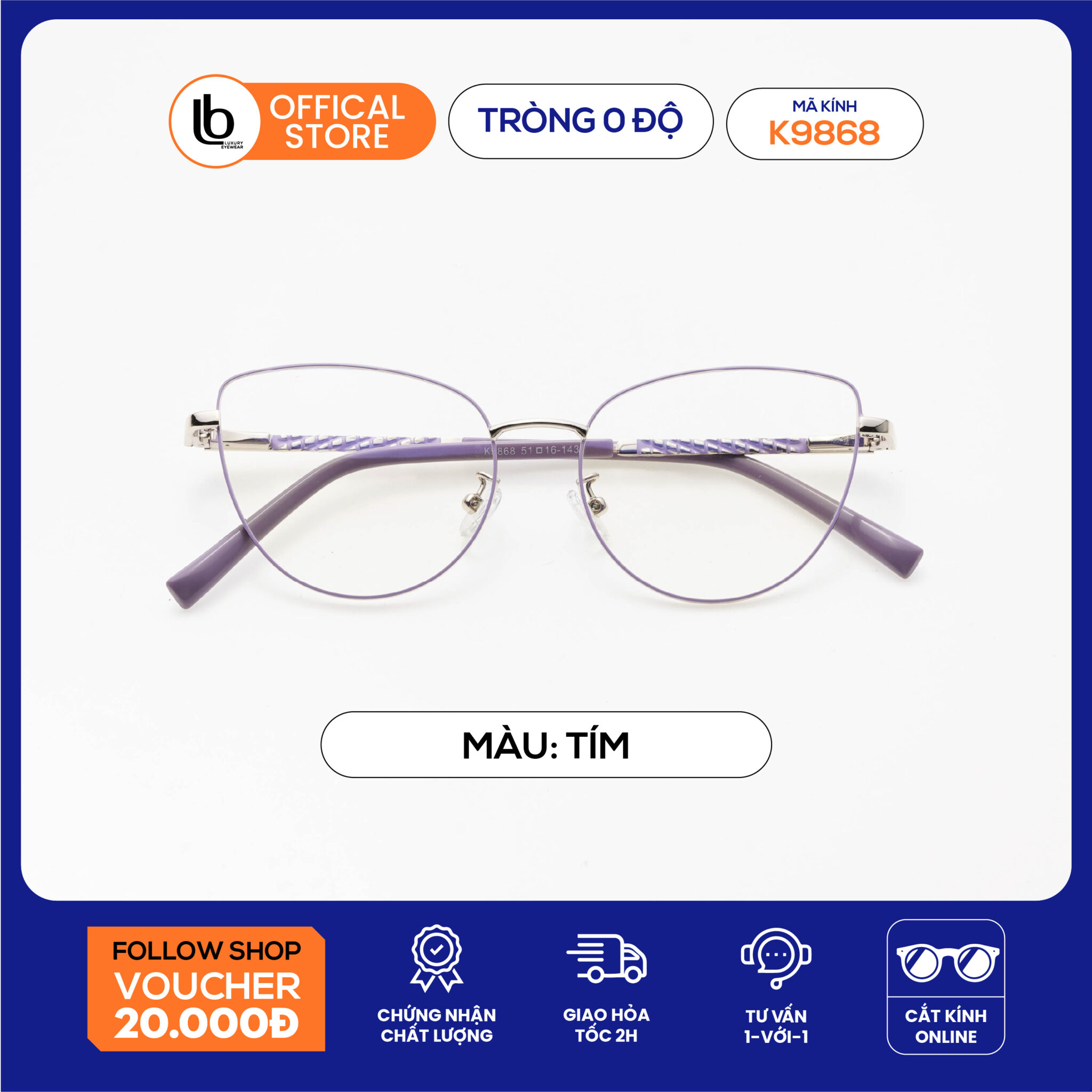 Kính đọc sách LB Eyewear 9868 kính cận mắt mèo chất liệu kim loại, kiểu dáng thời trang, ôm khuôn mặt, form châu Á
