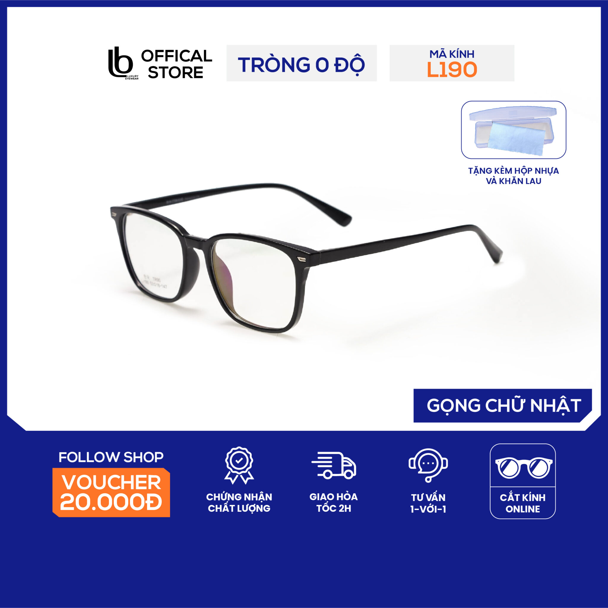 Gọng kính vuông LB Eyewear L190 gọng kính cận nam chất liệu nhựa dẻo, nhẹ hơn không gây đau tai, cấn mũi