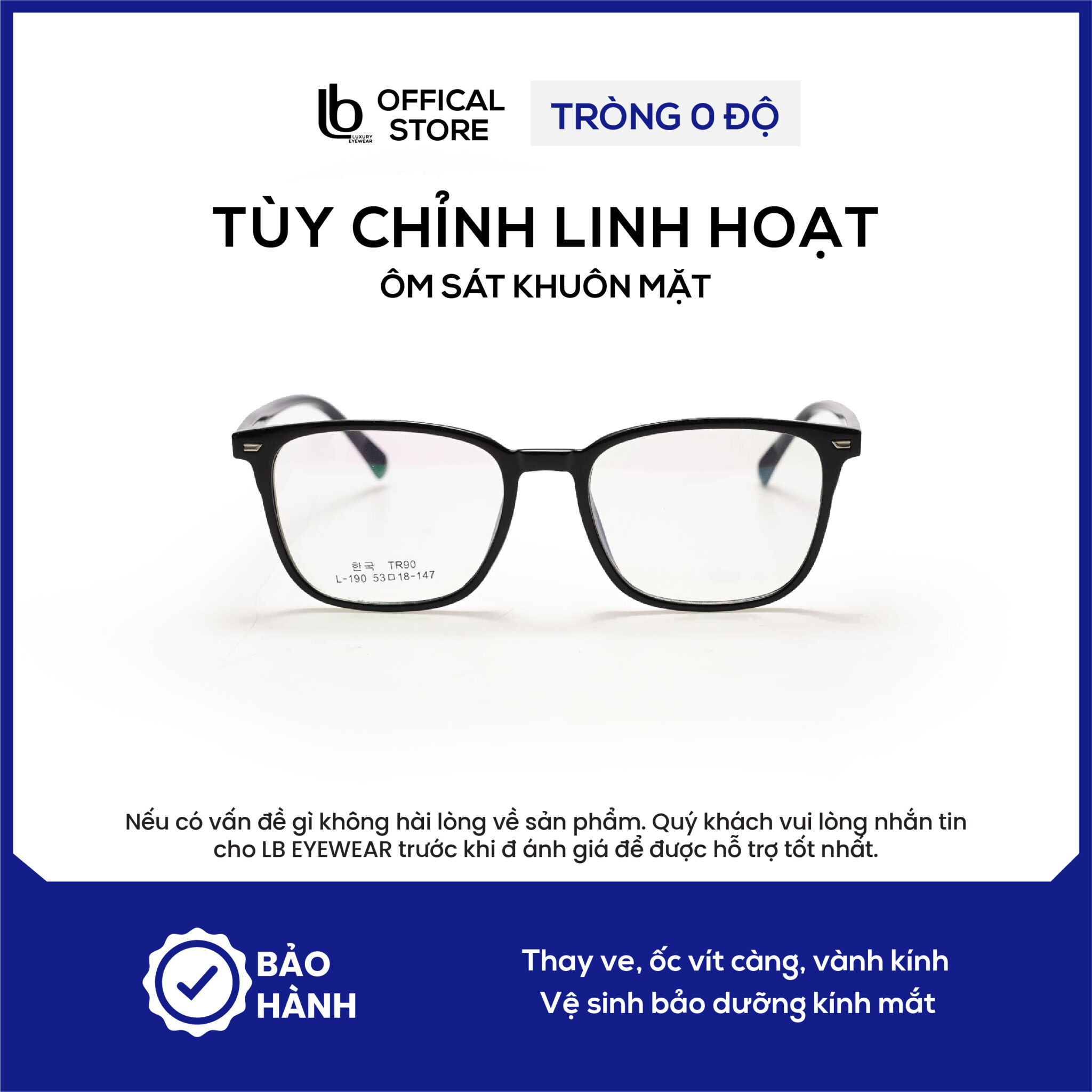 Gọng kính vuông LB Eyewear L190 gọng kính cận nam chất liệu nhựa dẻo, nhẹ hơn không gây đau tai, cấn mũi