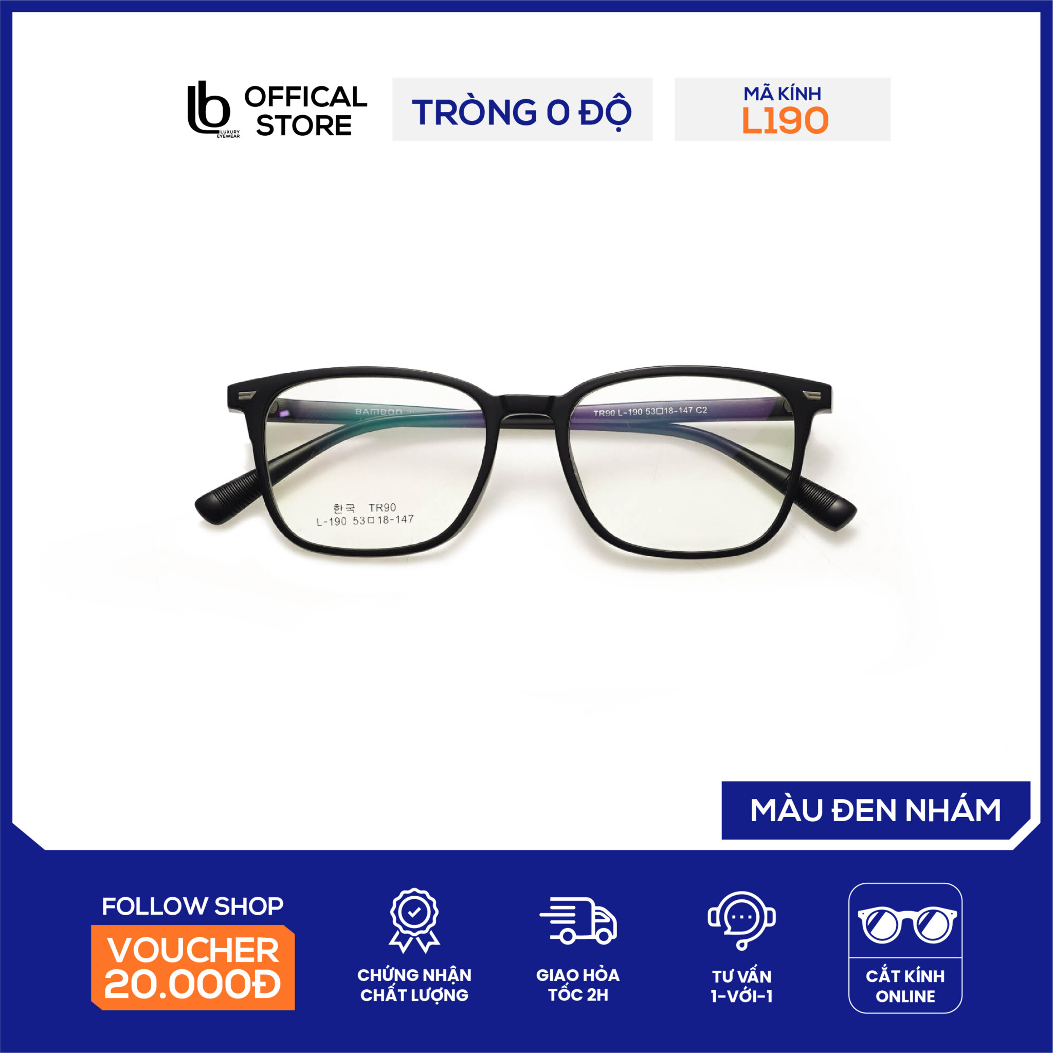 Gọng kính vuông LB Eyewear L190 gọng kính cận nam chất liệu nhựa dẻo, nhẹ hơn không gây đau tai, cấn mũi