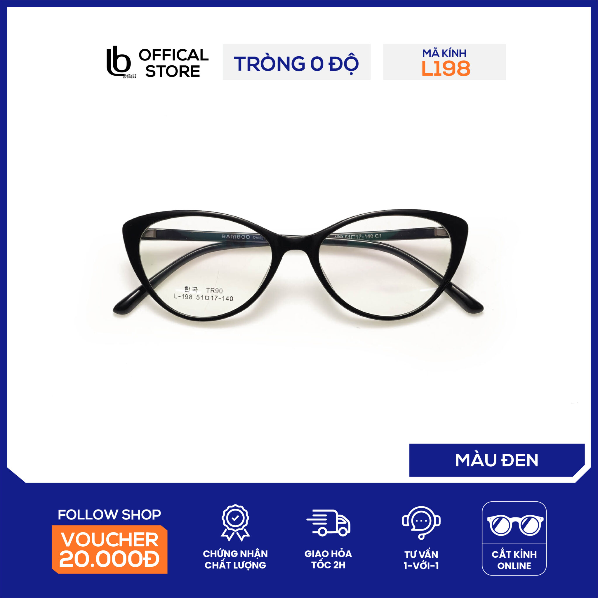 Gọng kính mắt mèo LB Eyewear L198 gọng kính nhựa dẻo thời trang nam nữ, có thể lắp tròng ánh sáng xanh, đổi màu