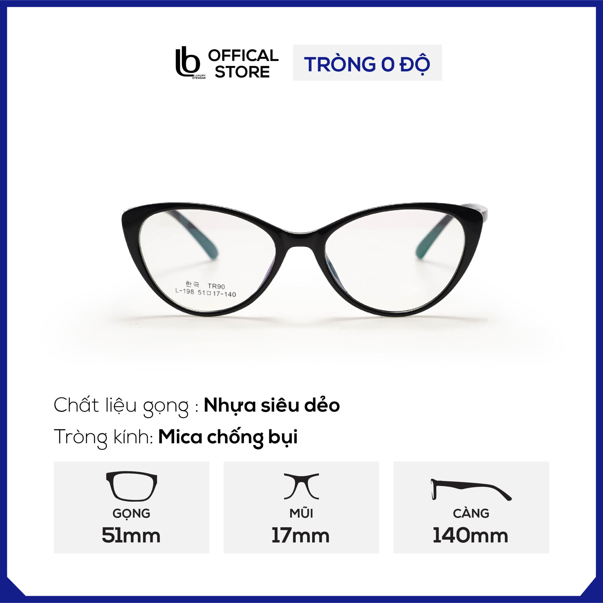 Gọng kính mắt mèo LB Eyewear L198 gọng kính nhựa dẻo thời trang nam nữ, có thể lắp tròng ánh sáng xanh, đổi màu