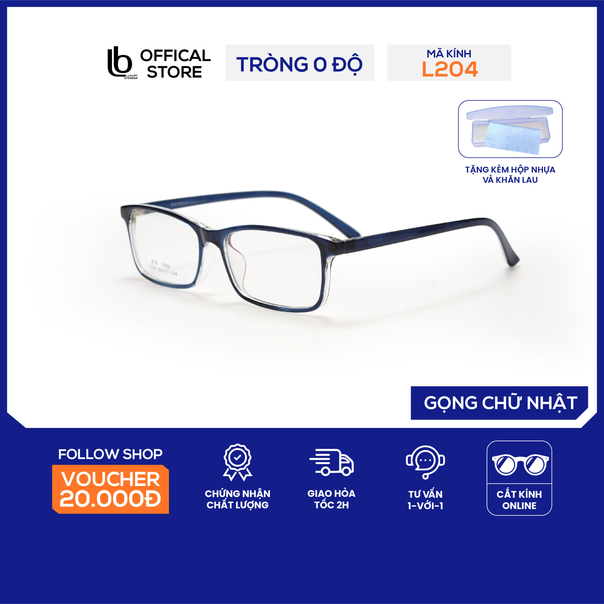 Kính gọng vuông chữ nhật LB Eyewear L024 kính thời trang nam nữ chất liệu nhựa dẻo, có thể lắp tròng cận, lão, UV