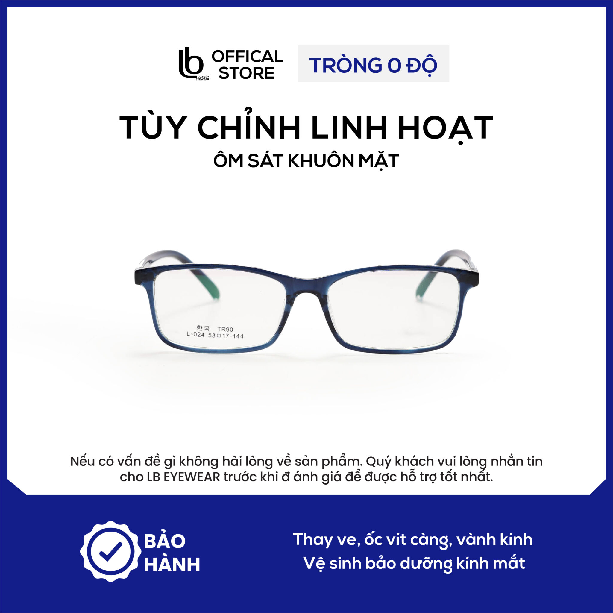 Kính gọng vuông chữ nhật LB Eyewear L024 kính thời trang nam nữ chất liệu nhựa dẻo, có thể lắp tròng cận, lão, UV